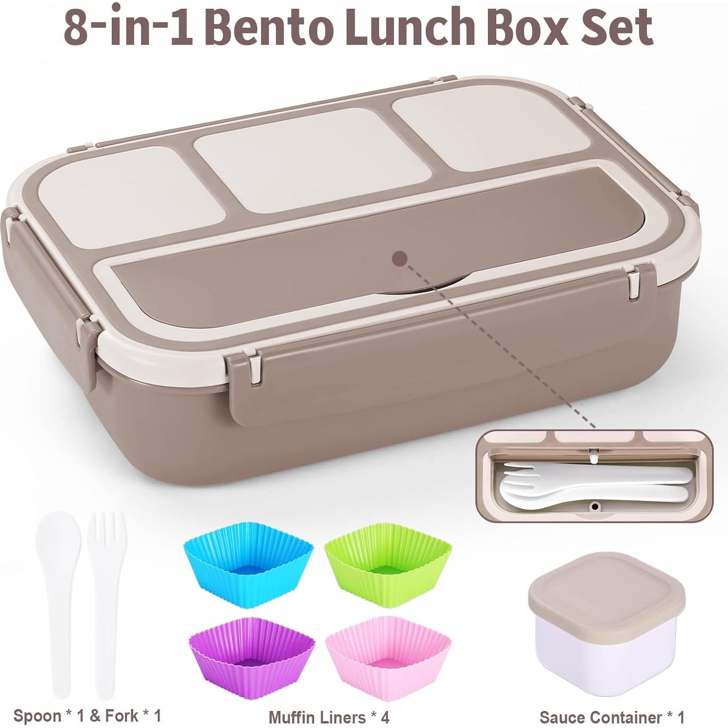 Caja Bento Almuerzo 1200ml Marrón con 4 Compartimentos y Utensilios