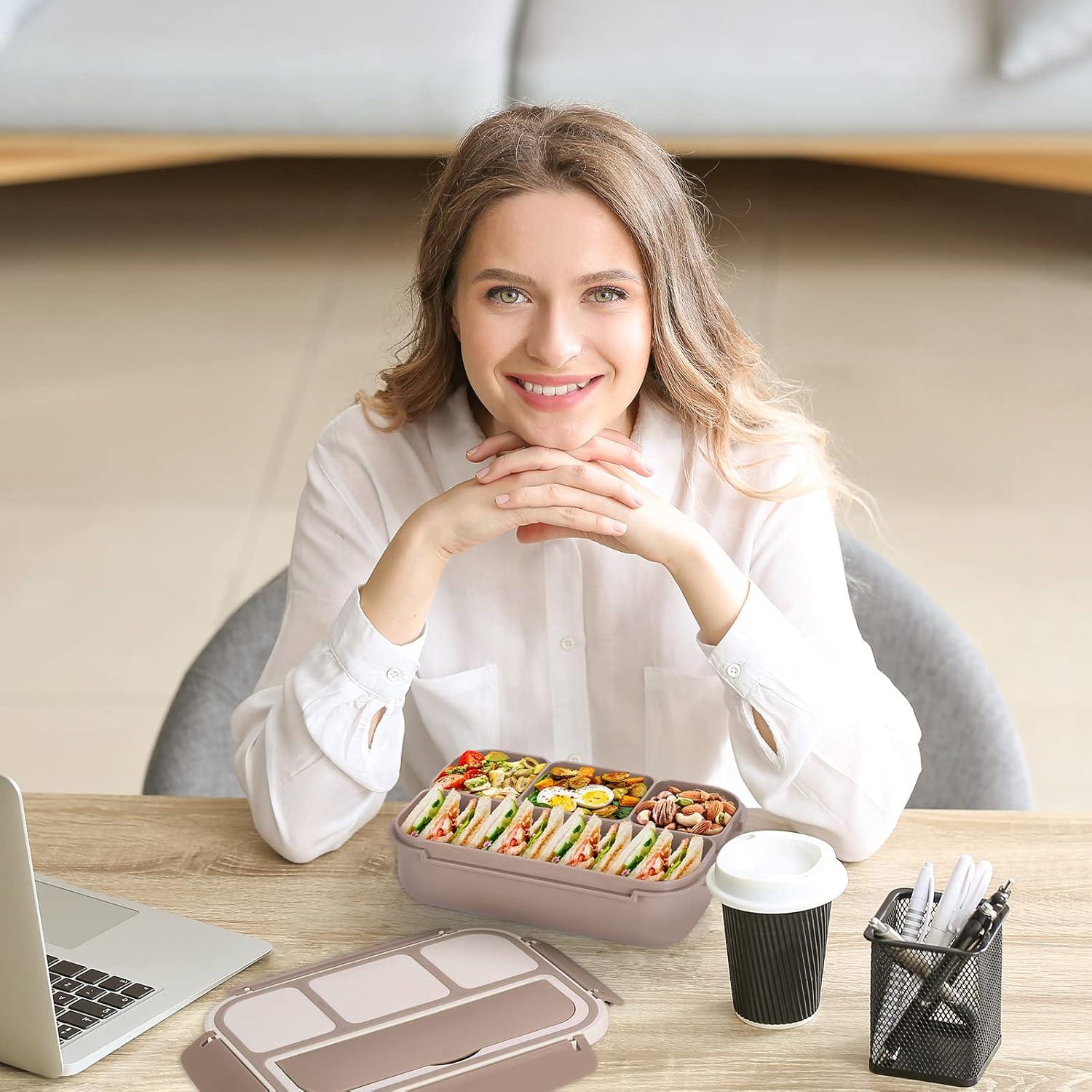 Caja Bento Almuerzo 1200ml Marrón con 4 Compartimentos y Utensilios