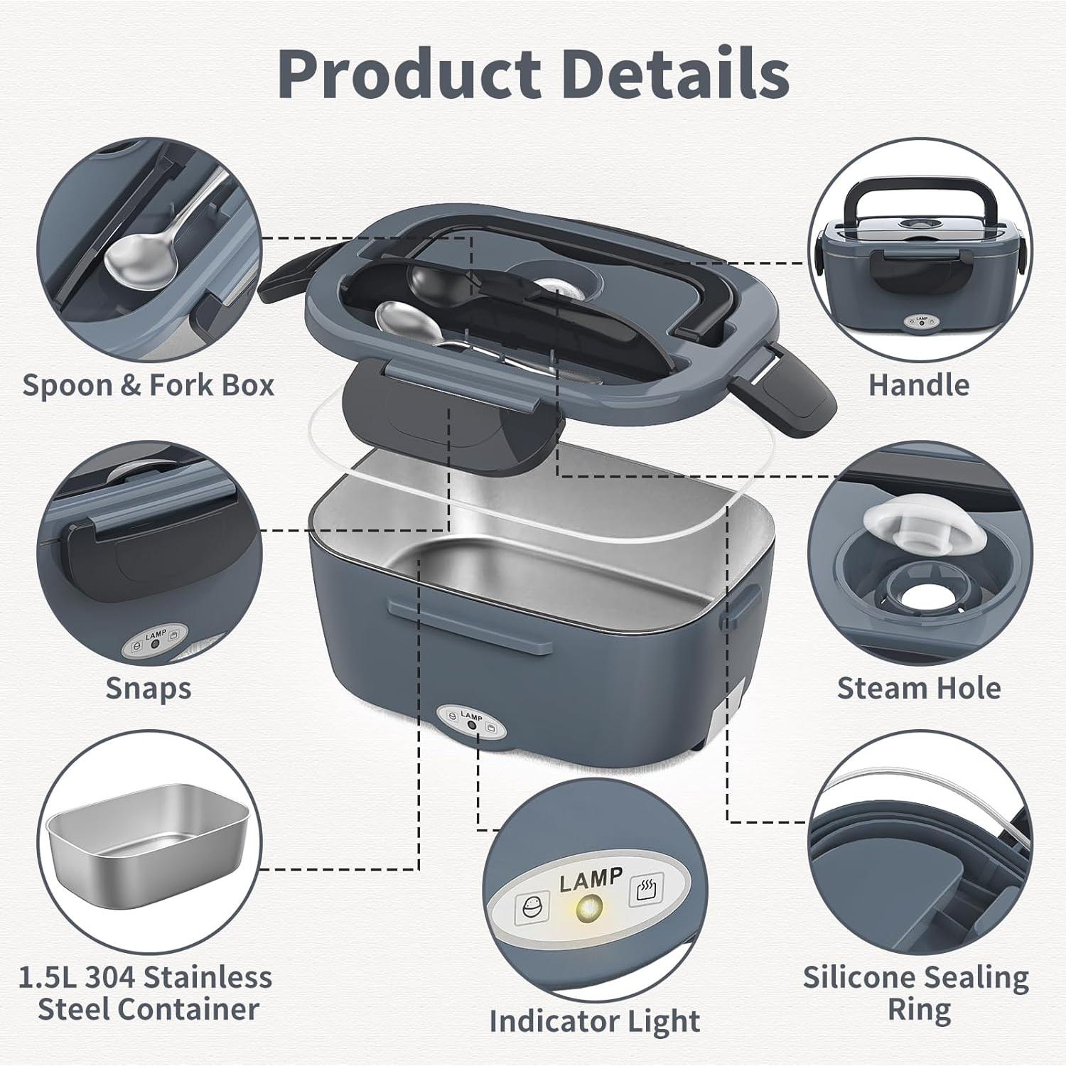 Caja de Almuerzo Eléctrica Vingud 1.5L 3 en 1 Gris Negro