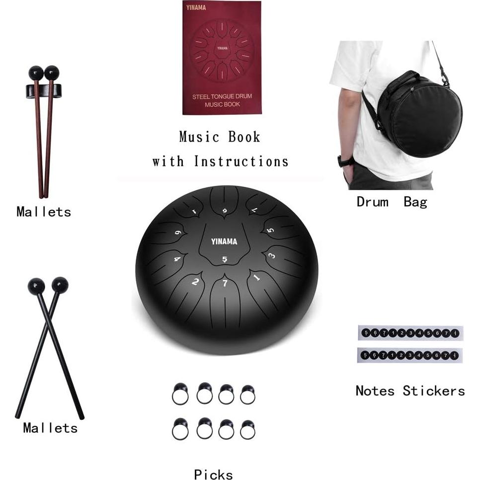 Yinama Steel Tongue Drum 11 Notas 30,48 cm Negro
