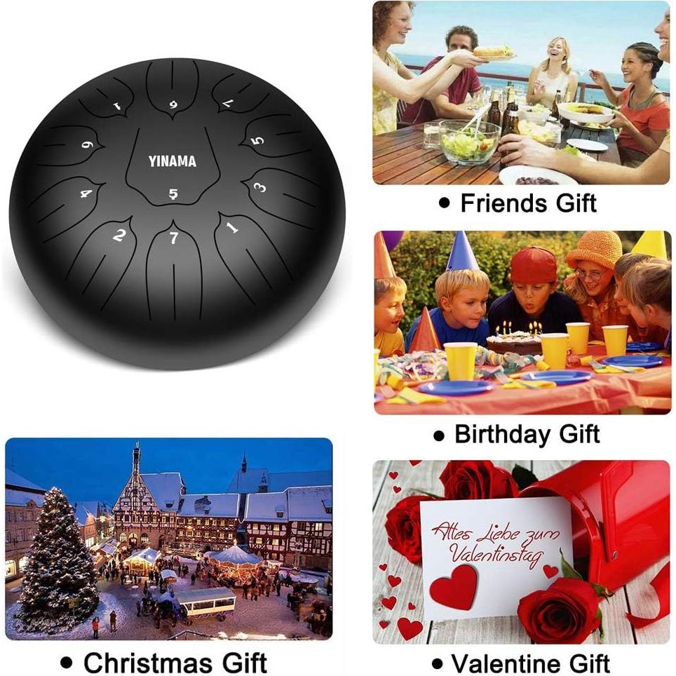 Yinama Steel Tongue Drum 11 Notas 30,48 cm Negro