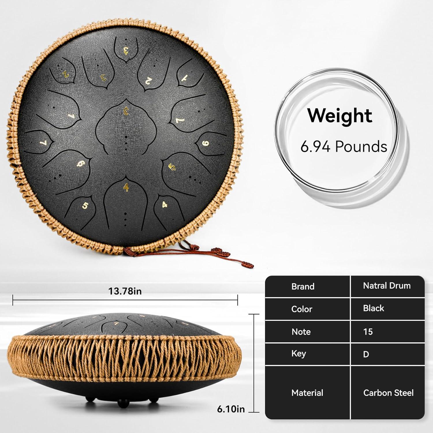 Tambor de Lengua de Acero Natraldrum 14" 15 Notas Re Negro