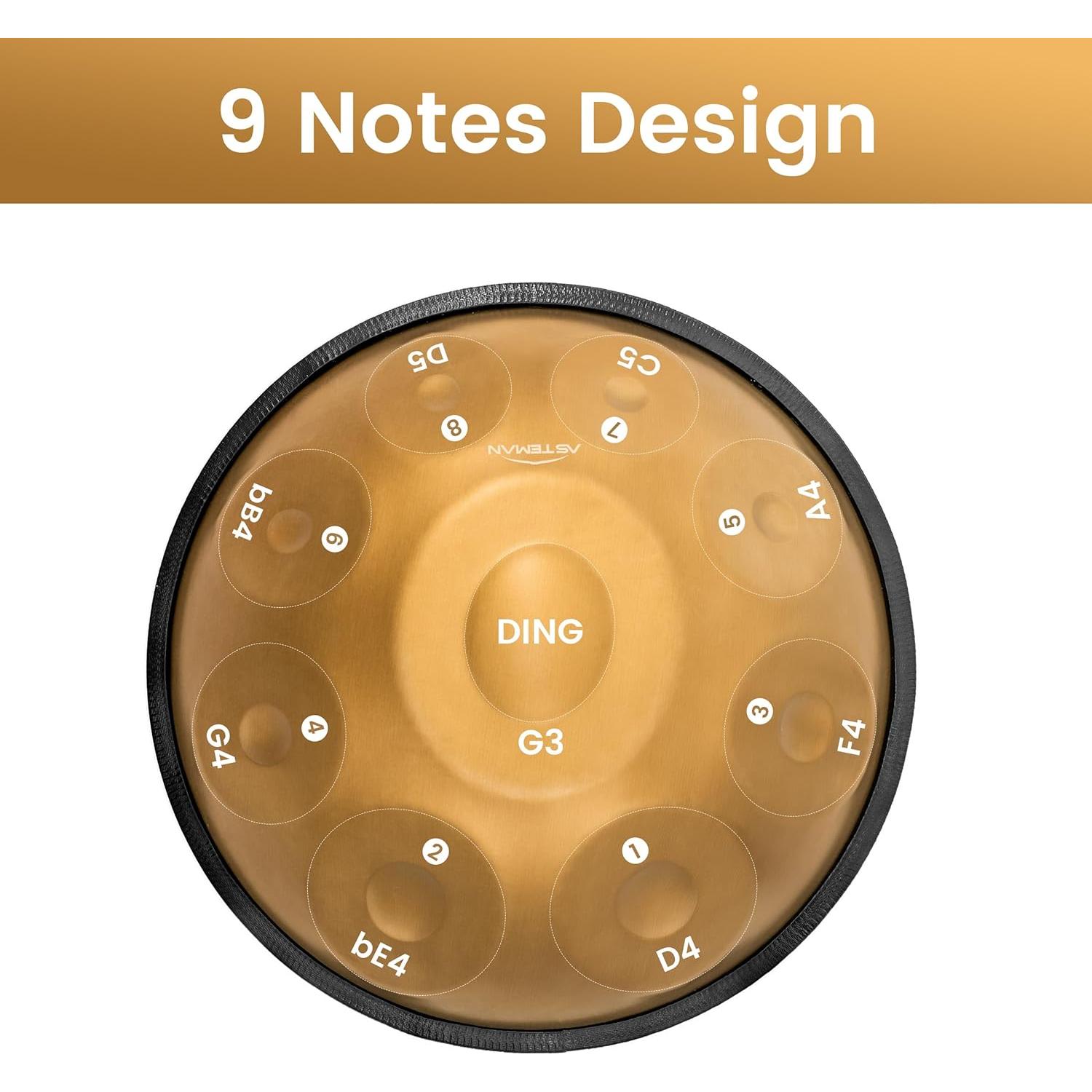 Handpan Mini ASTEMAN 18" 9 Notas G menor 432Hz Dorado