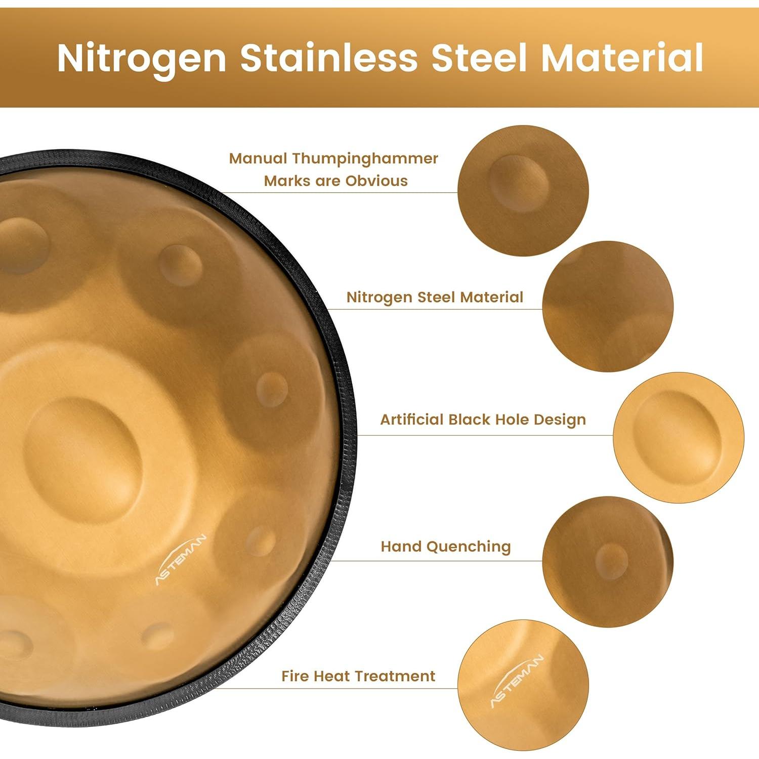 Handpan Mini ASTEMAN 18" 9 Notas G menor 432Hz Dorado