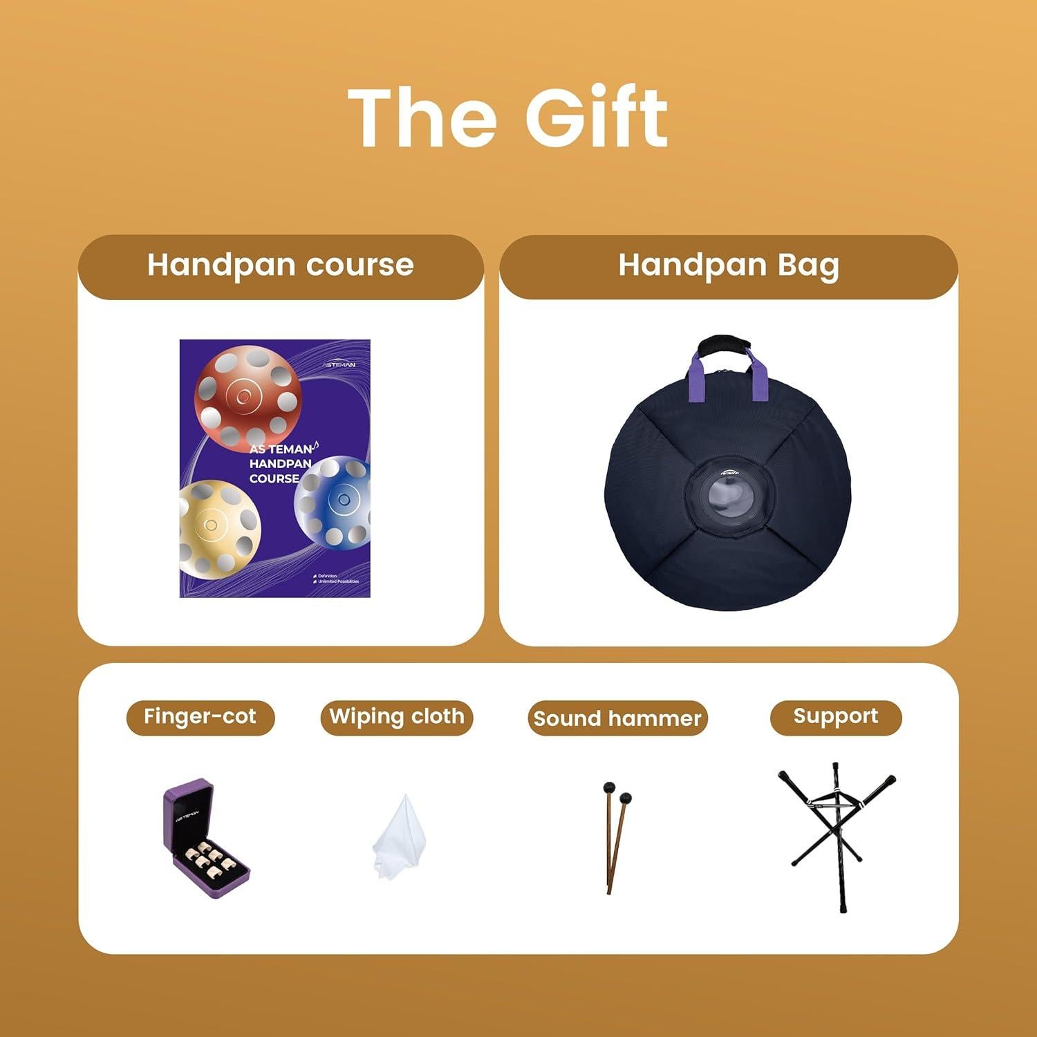 Handpan Mini ASTEMAN 18" 9 Notas G menor 432Hz Dorado