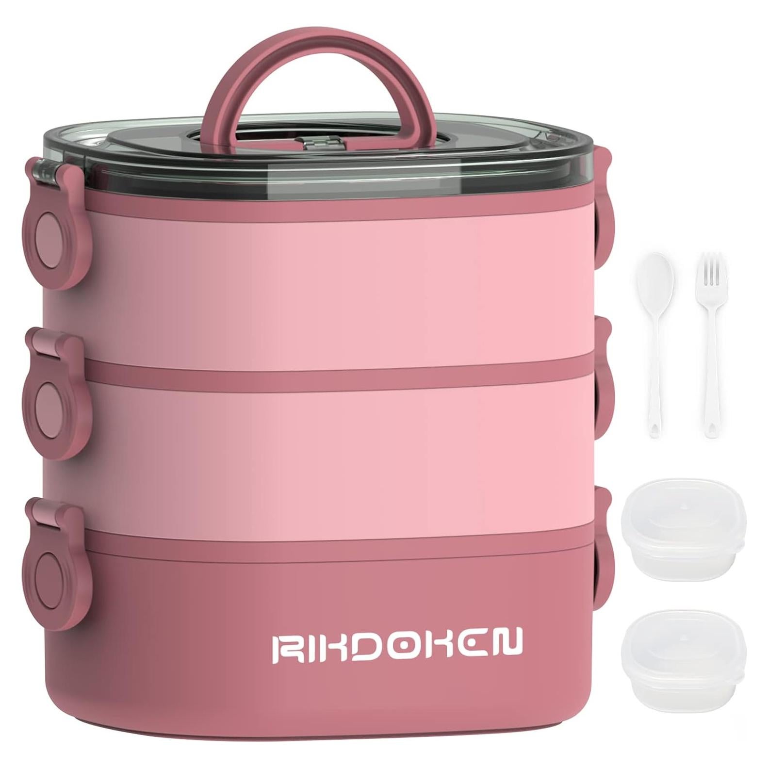 Caja de Almuerzo RIKDOKEN 3 Capas Rosa 2800ml A Prueba de Fugas