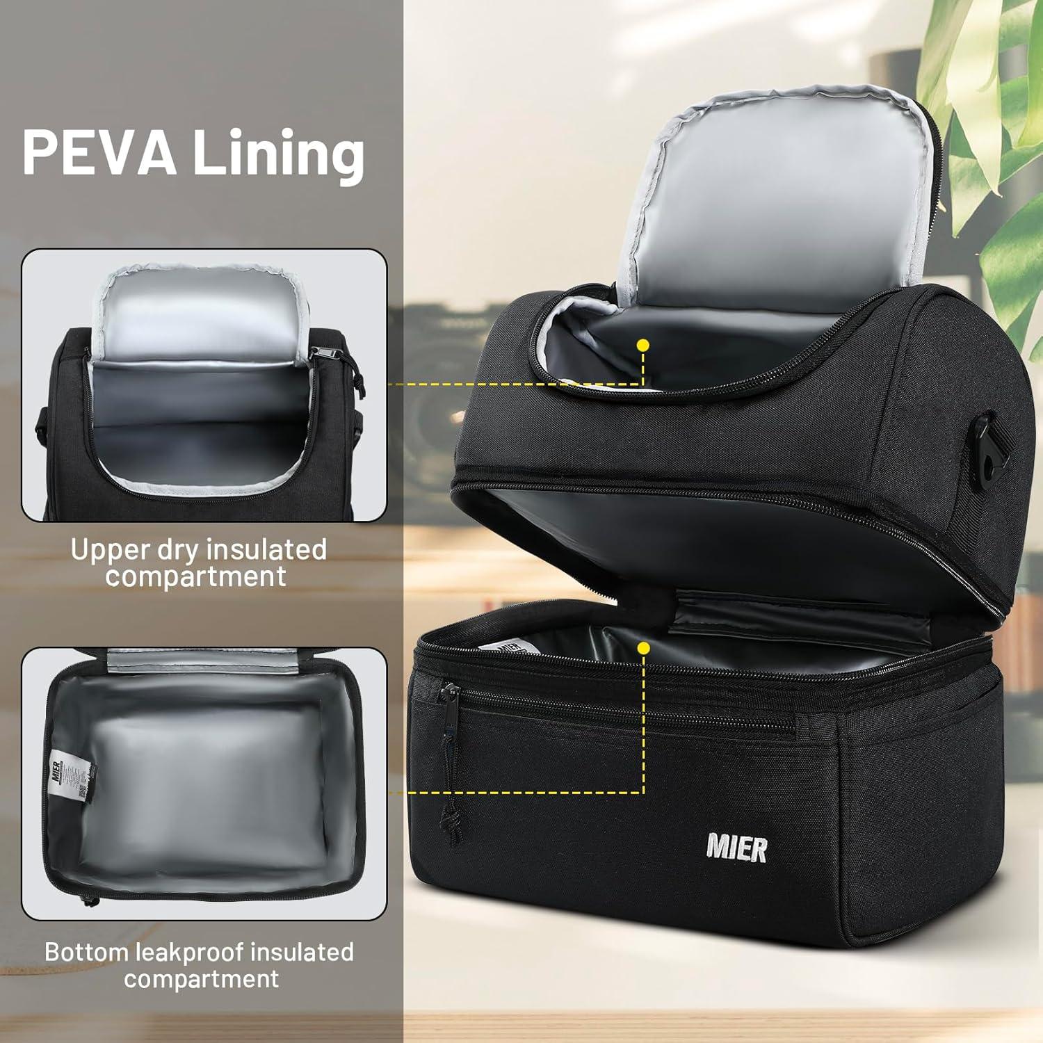 Bolsa de Almuerzo Aislada MIER Grande 13L Doble Compartimento Negro