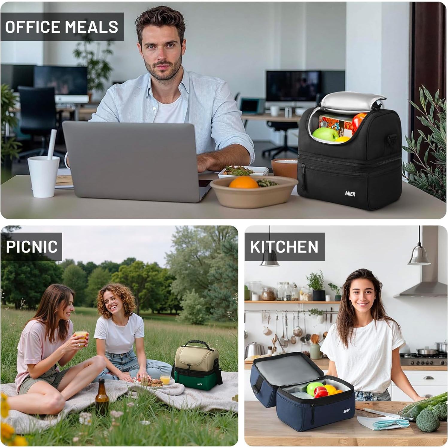 Bolsa de Almuerzo Aislada MIER Grande 13L Doble Compartimento Negro