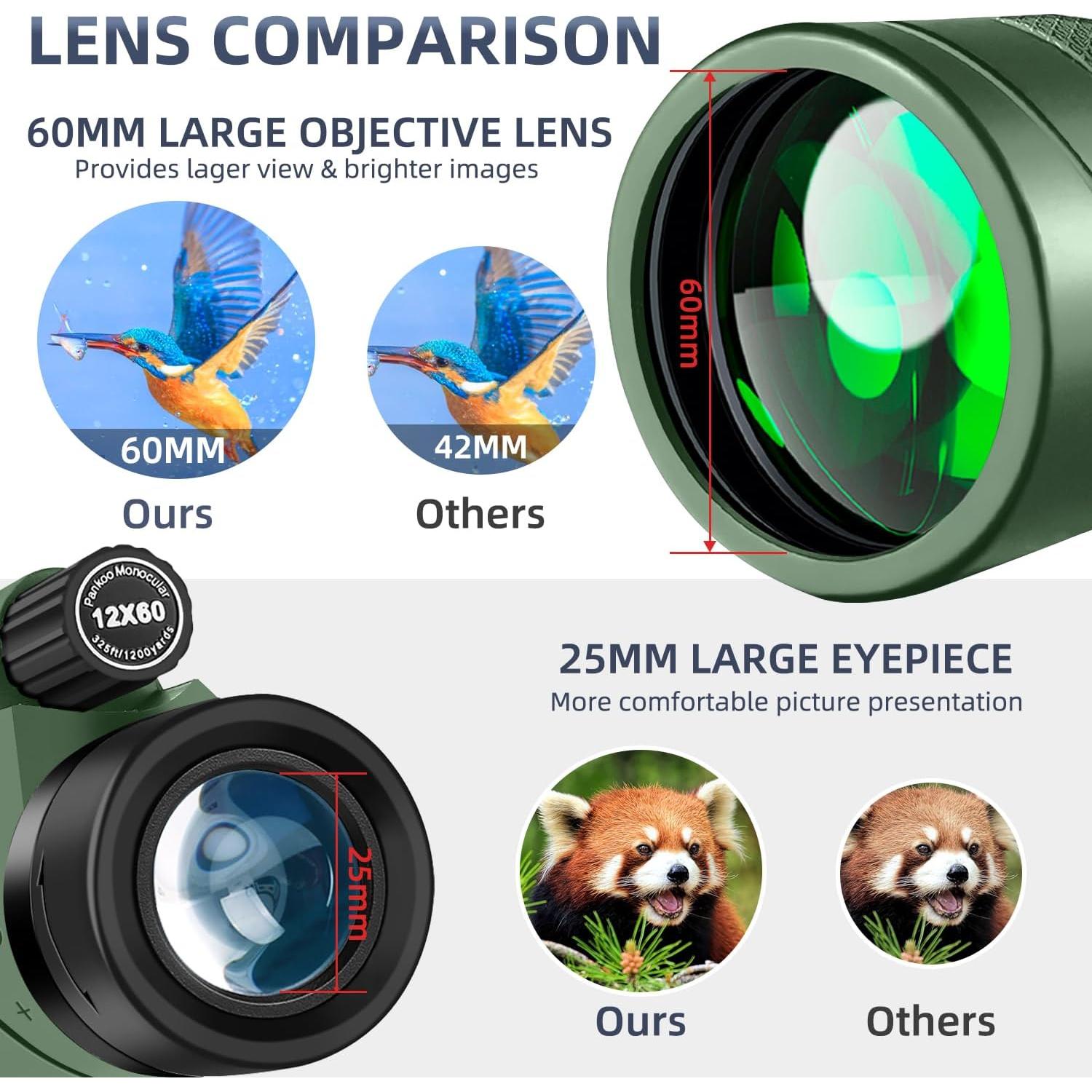 Telescopio Monocular Pankoo 12x60 con Adaptador y Trípode