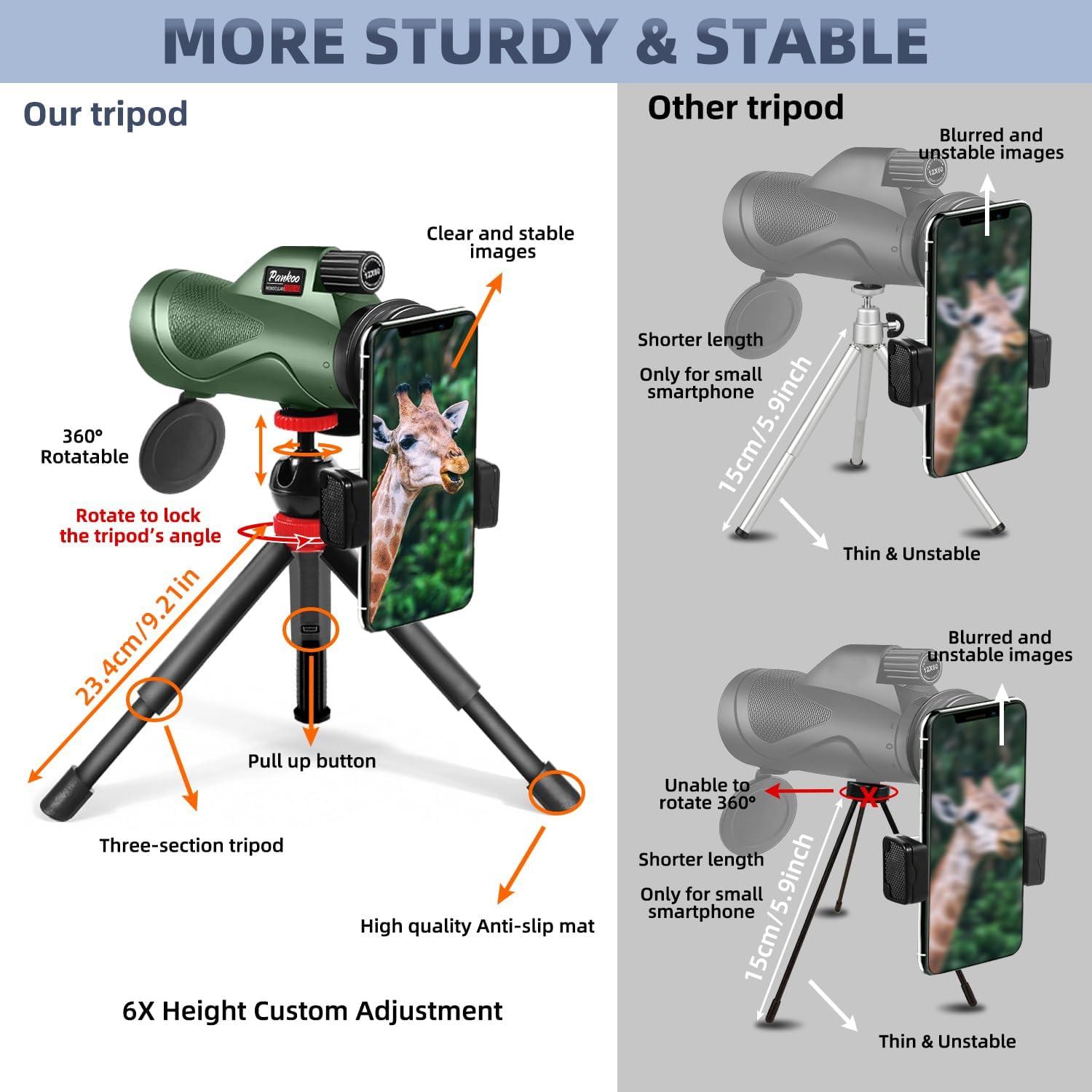 Telescopio Monocular Pankoo 12x60 con Adaptador y Trípode