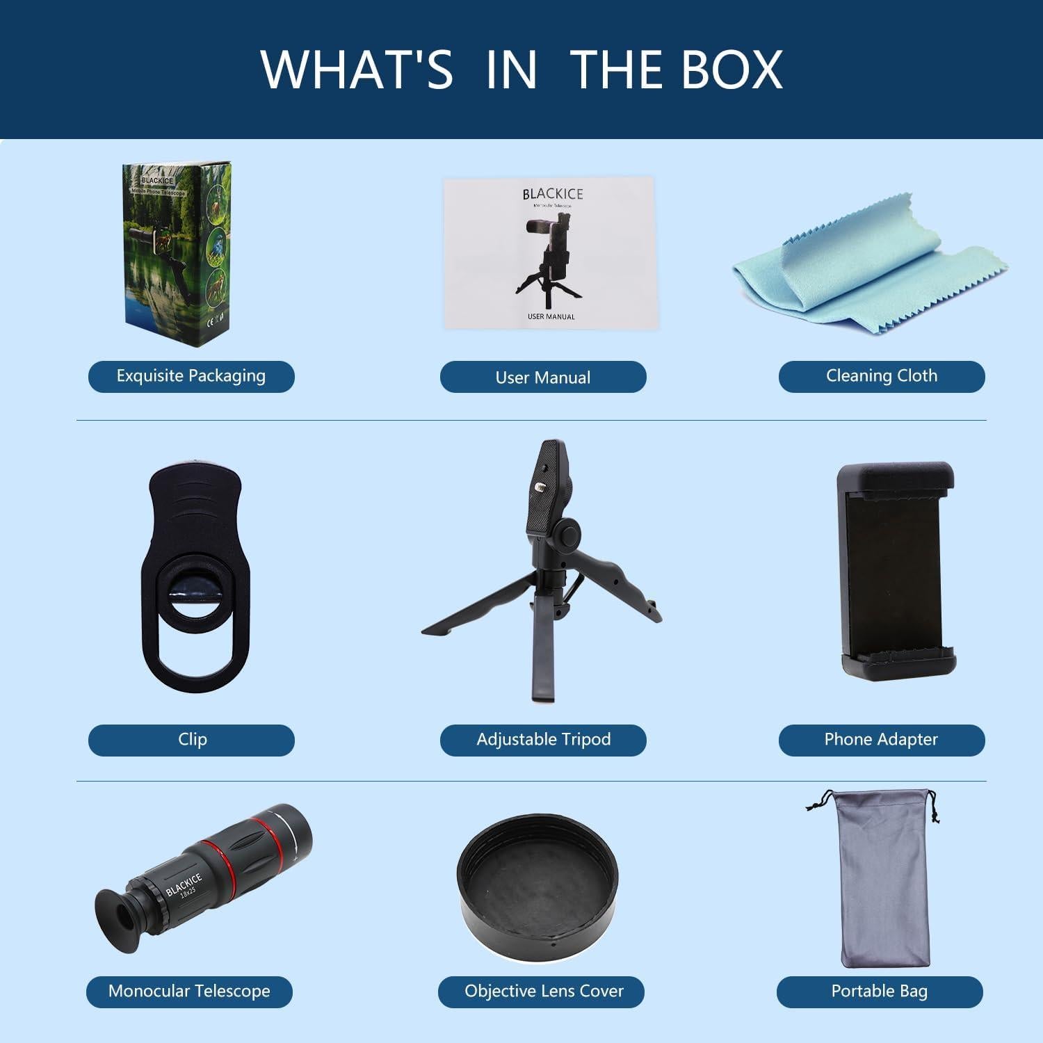 Telescopio Monocular Blackice 18X25 con Adaptador para Smartphone