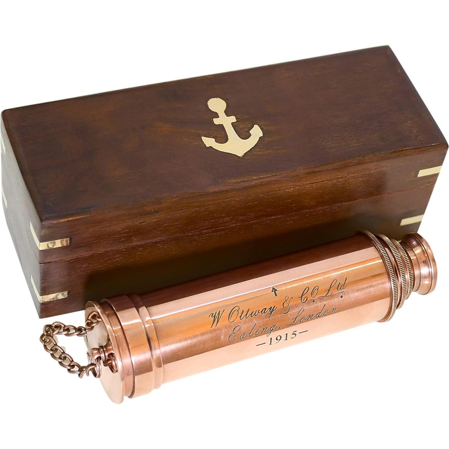 Telescopio Náutico Vintage Navirock 15X Cobre con Caja Madera