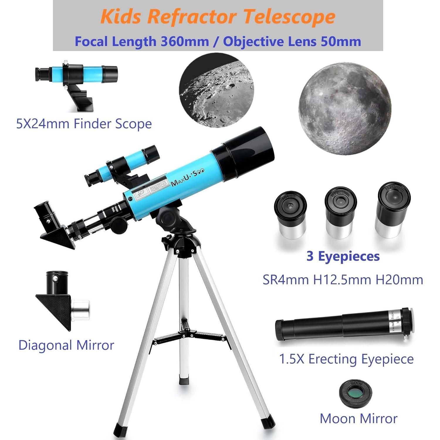 Telescopio Refractor Maxunite F360X50 con Prismáticos HD