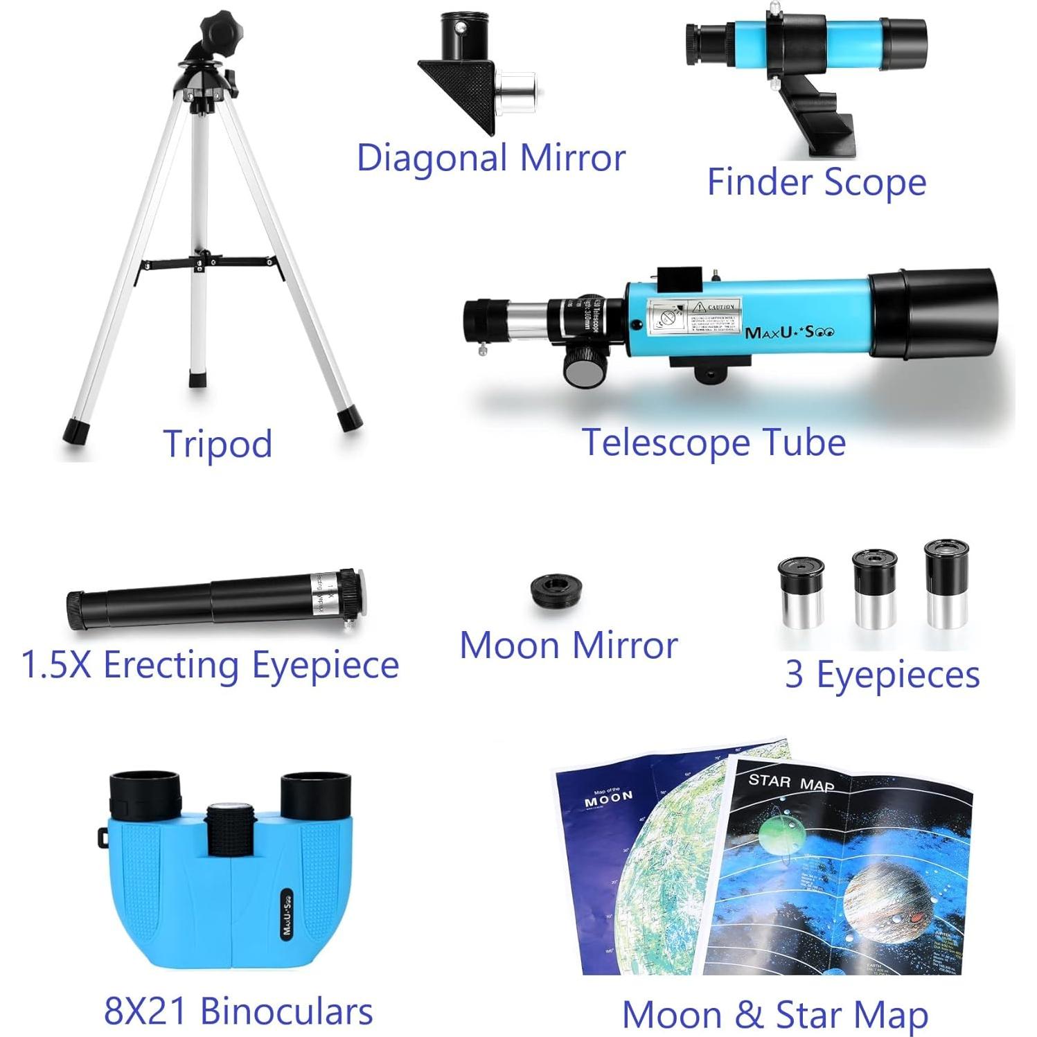 Telescopio Refractor Maxunite F360X50 con Prismáticos HD