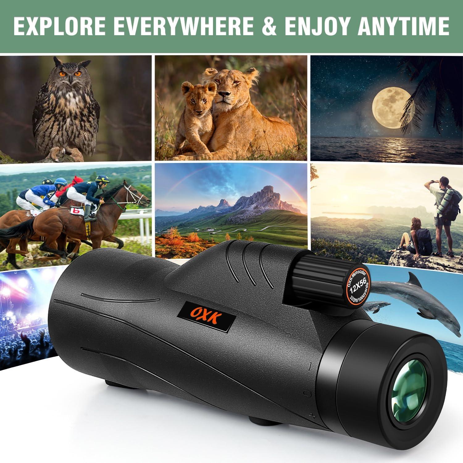 Telescopio Monocular OXK 12x56 con Adaptador y Trípode