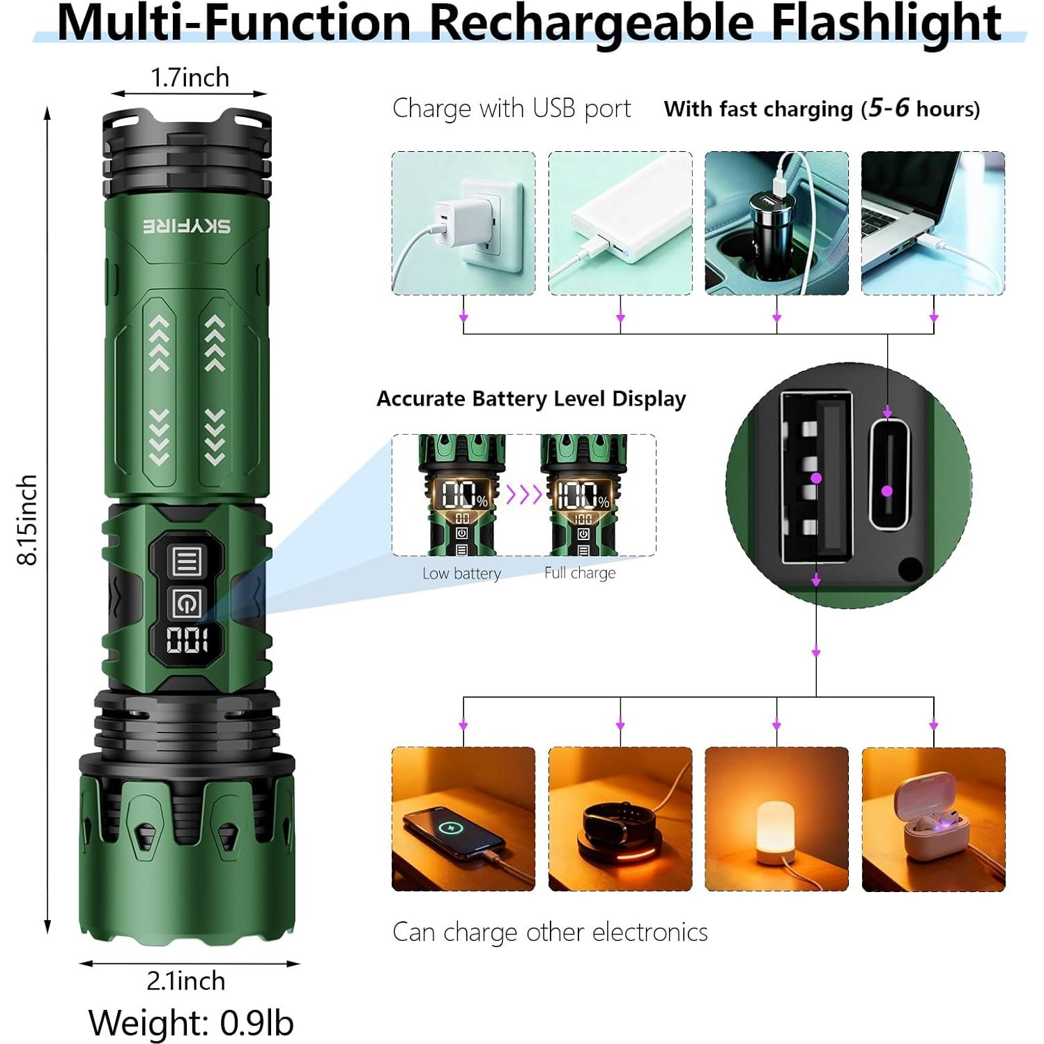 Linterna LED Recargable SKYFIRE 11 Modos 5000mAh Verde