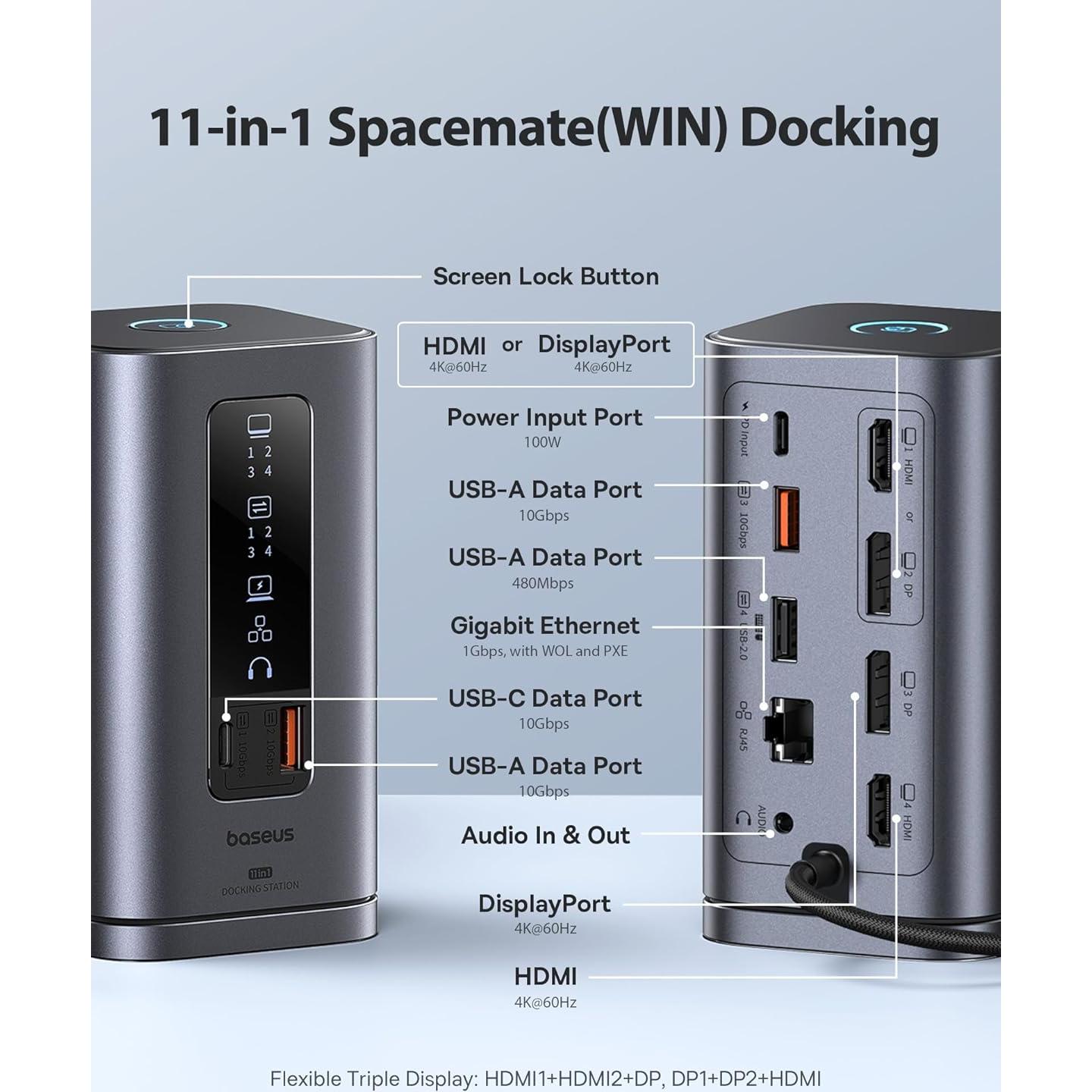 Baseus Estación de Acoplamiento 11 en 1 4K HDMI y DP + Batería 20800mAh