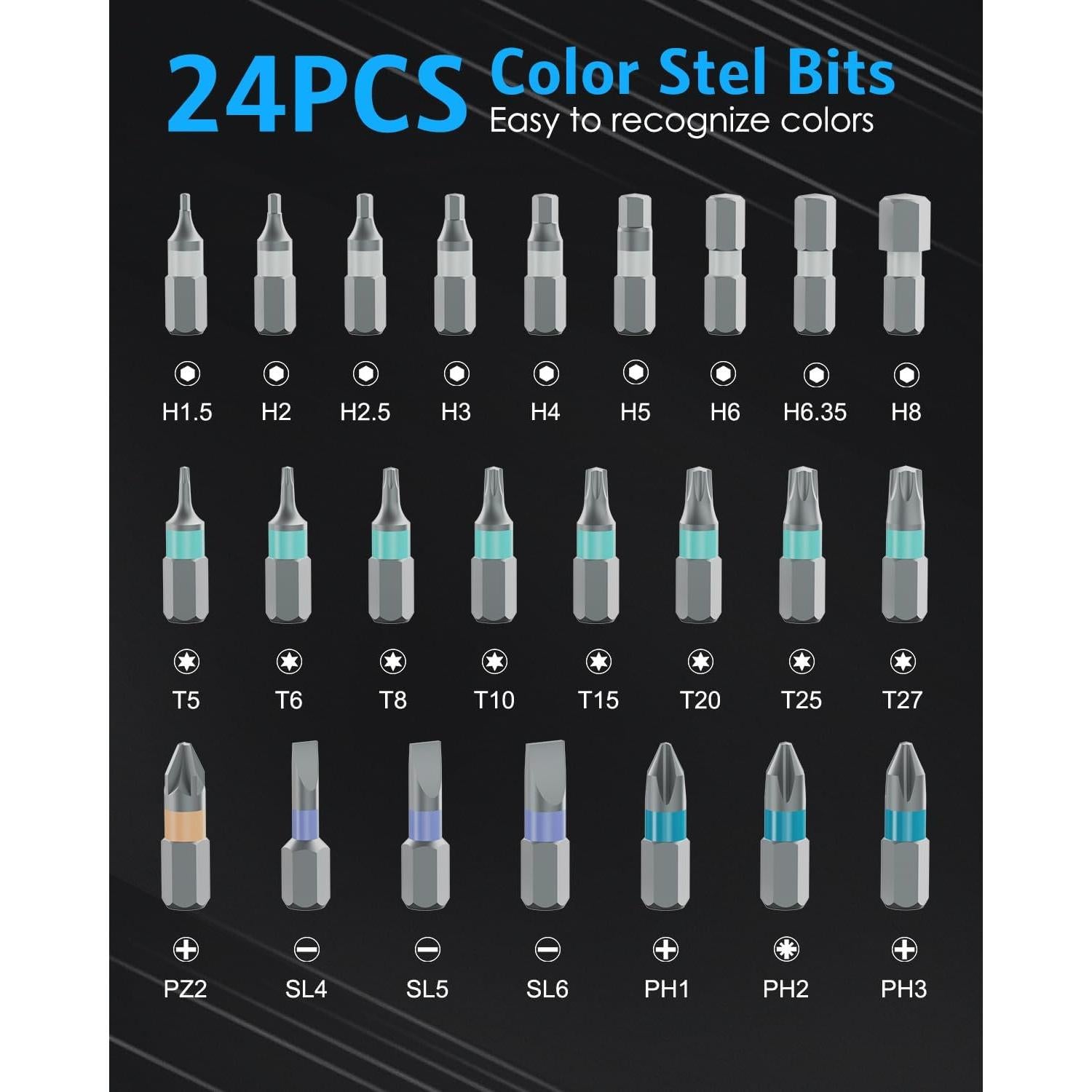 Juego de Destornilladores Magnéticos 24 en 1 AMIR con Mango Trinquete