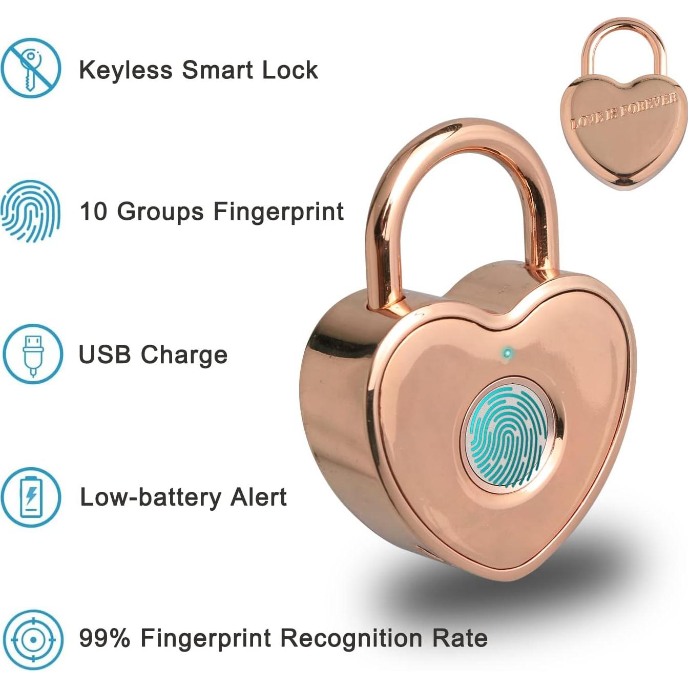 Candado Biométrico Tcyoatoa Corazón Oro Rosa Recargable
