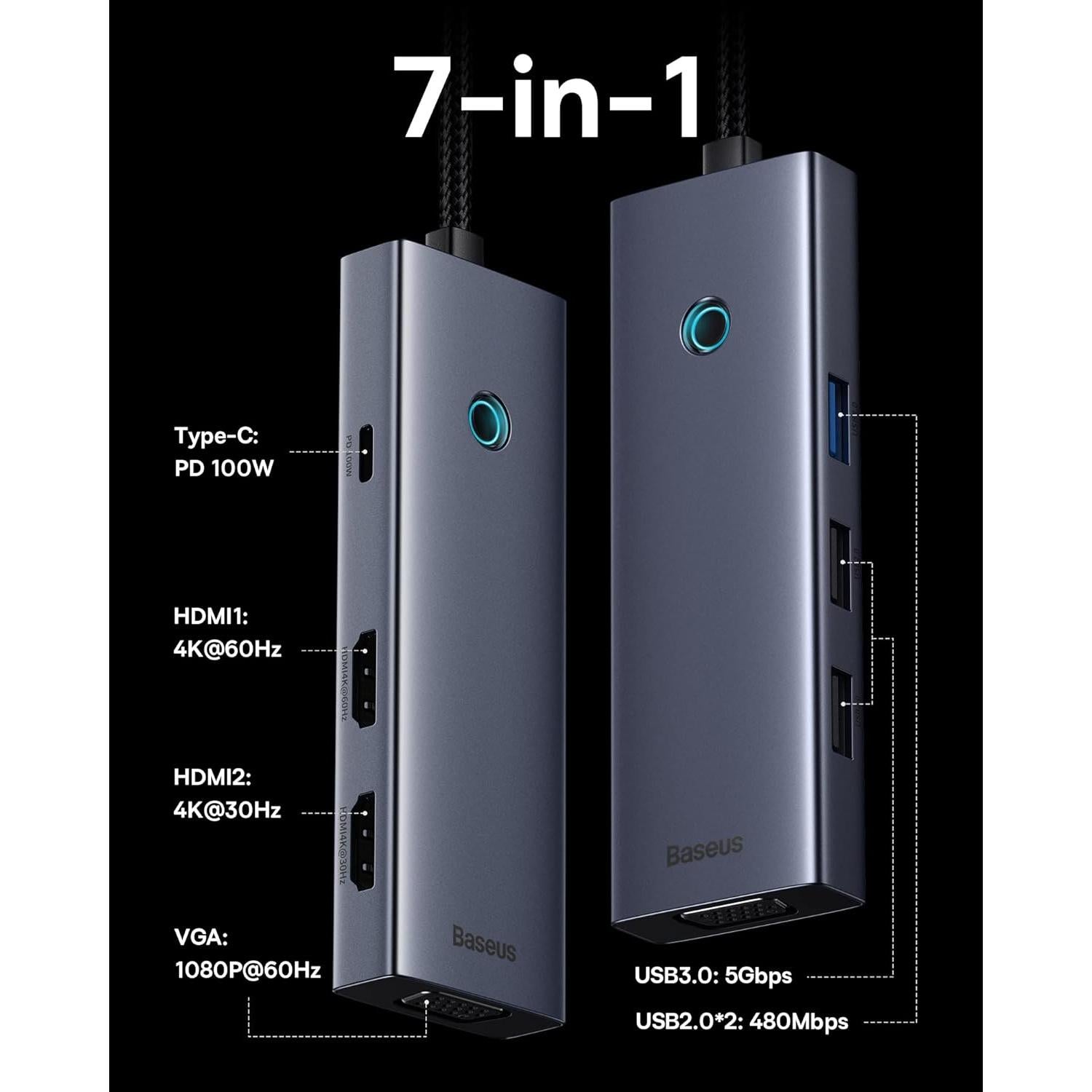 Estación de Acoplamiento Doble Monitor Baseus 7 en 1 USB-C 4K