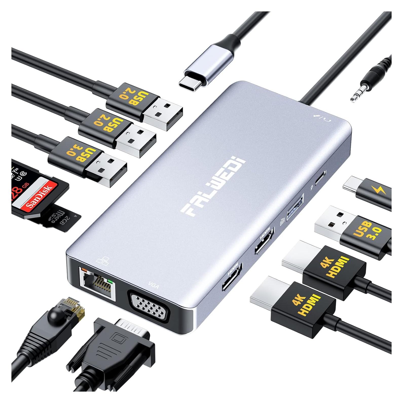 Estación de Acoplamiento USB C 12 en 1 FALWEDI Doble HDMI