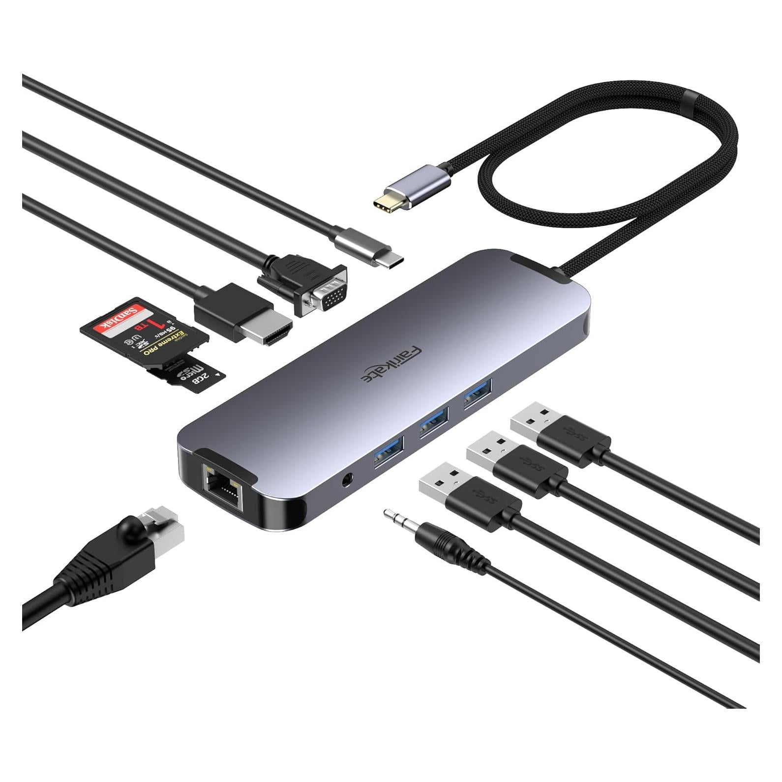Hub USB C 10 en 1 Fairikabe con HDMI, VGA y Ethernet