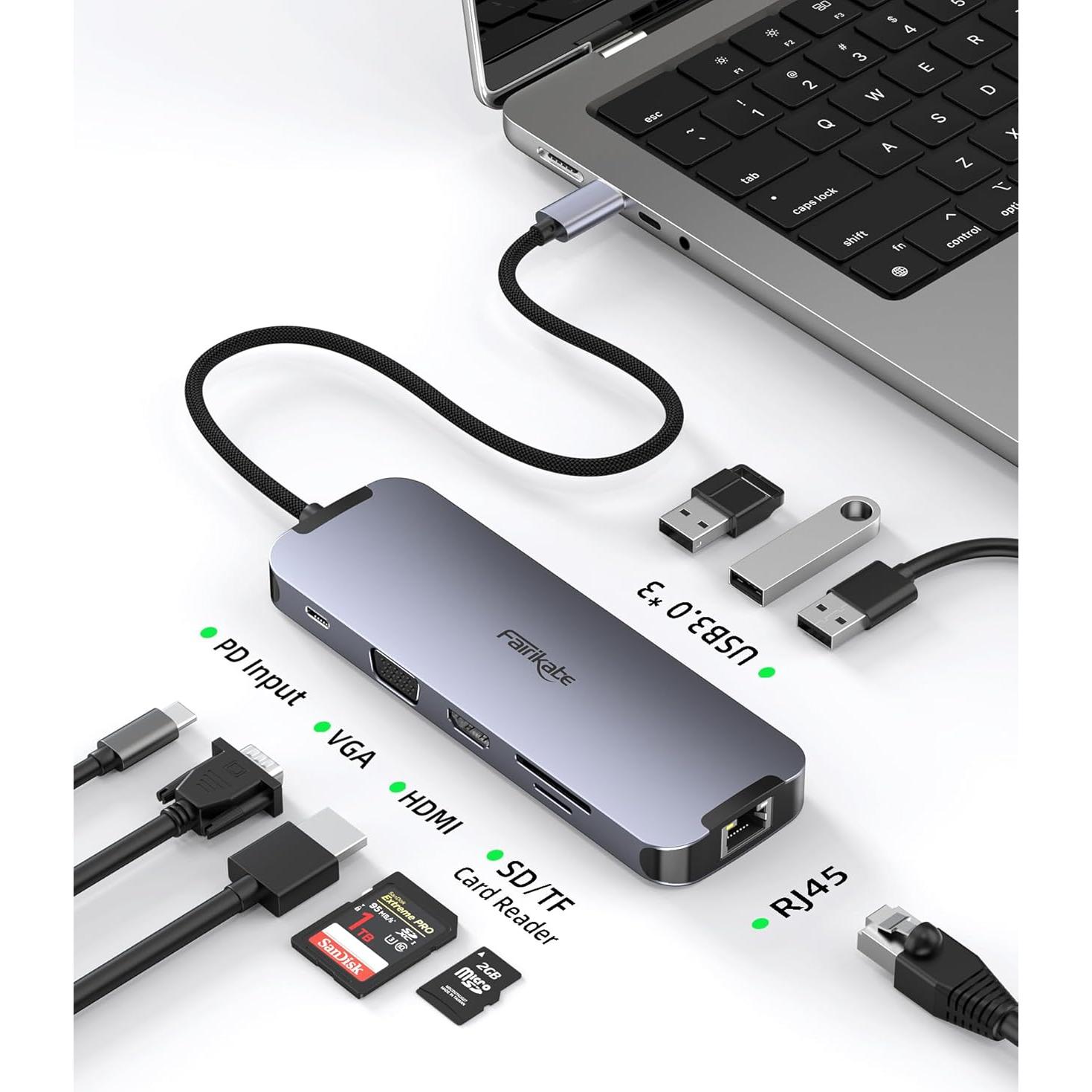 Hub USB C 10 en 1 Fairikabe con HDMI, VGA y Ethernet
