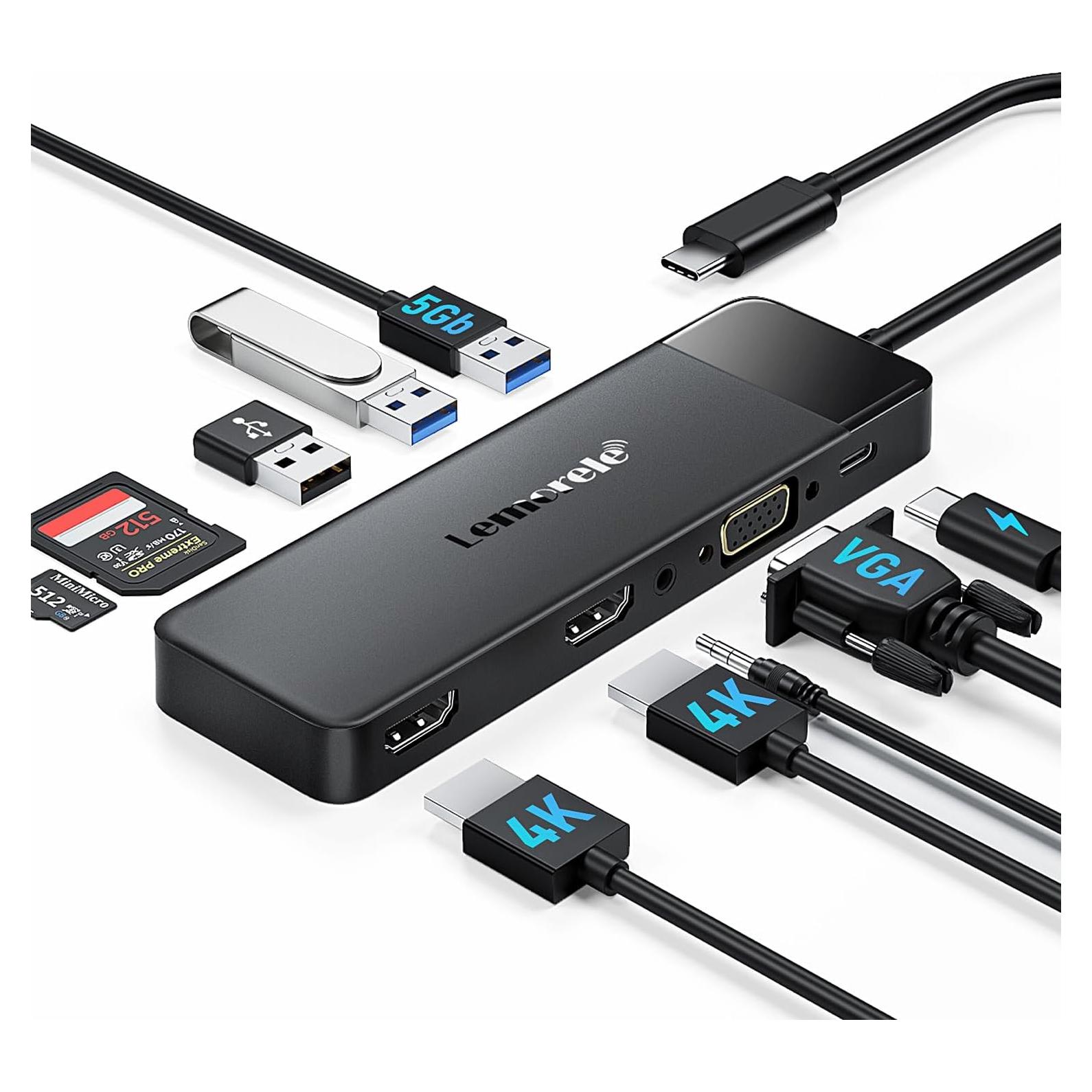 Estación de Acoplamiento USB C Lemorele 10 en 1 Doble HDMI