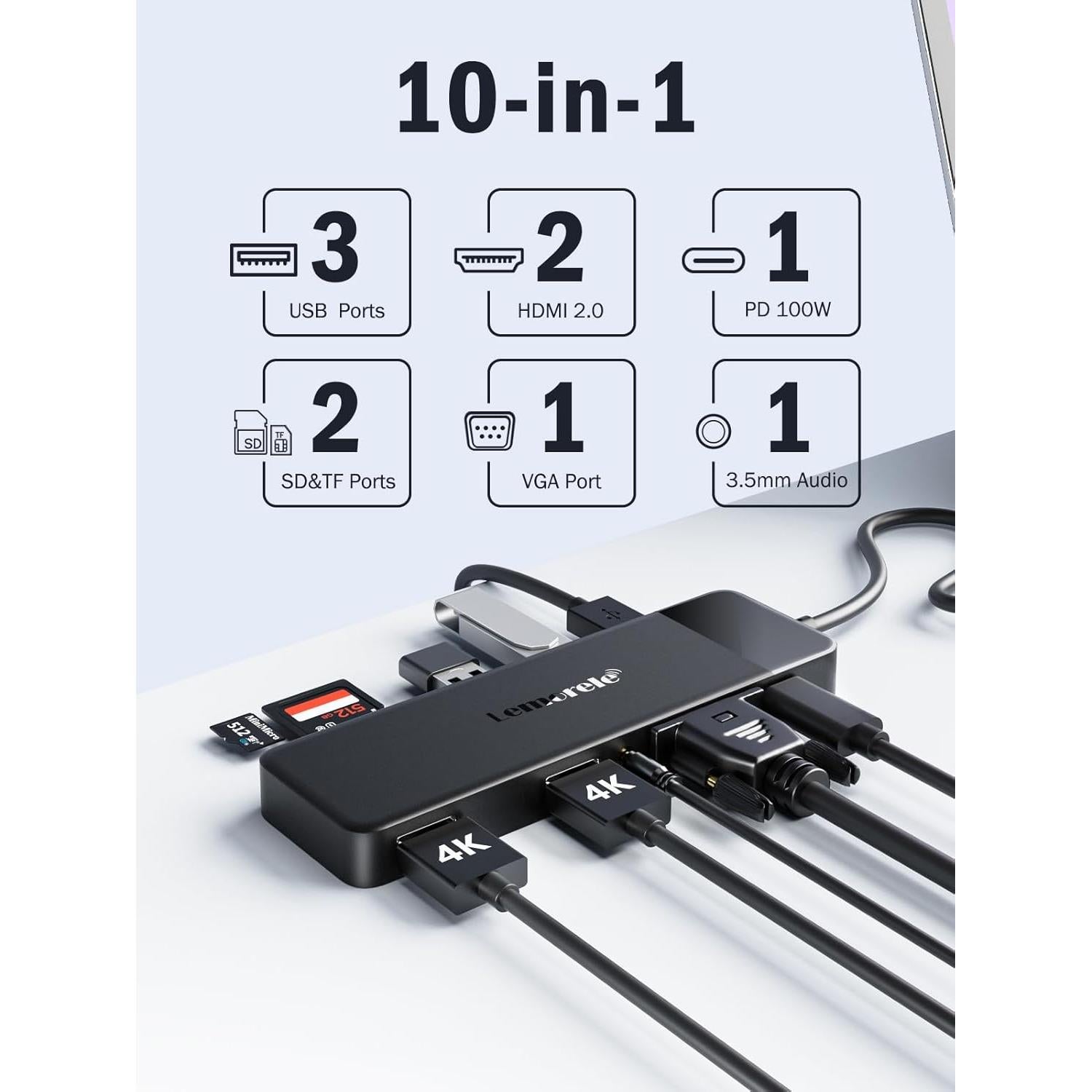 Estación de Acoplamiento USB C Lemorele 10 en 1 Doble HDMI