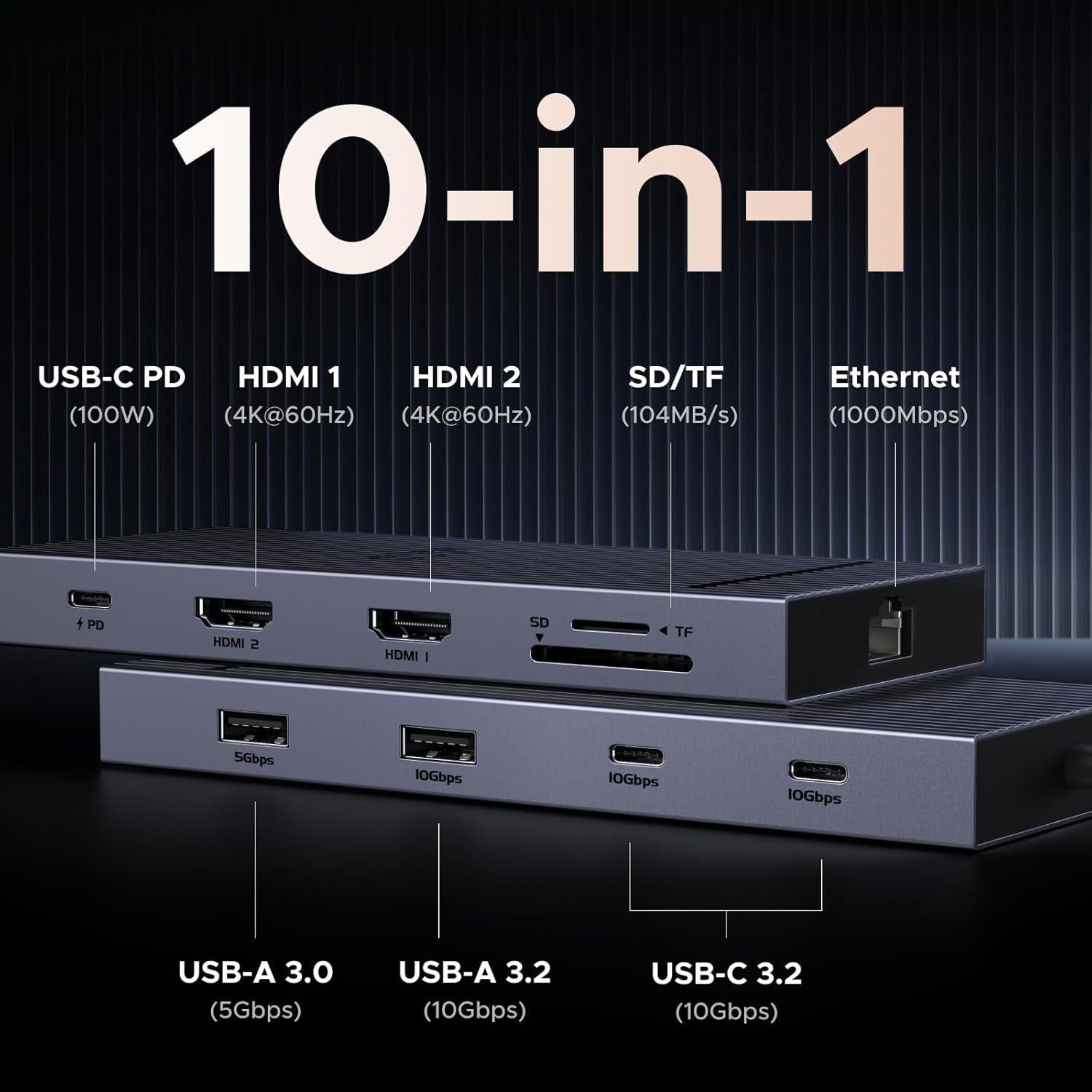 UGREEN Estación Acoplamiento USB C 10 en 1 Doble Monitor 4K
