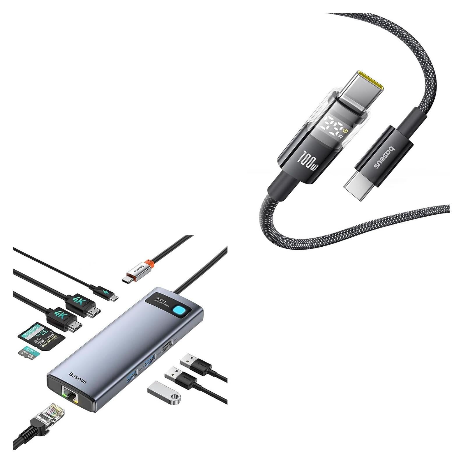 Baseus Hub USB C 9 en 1 Doble Monitor 4K 120Hz con Cable 100W