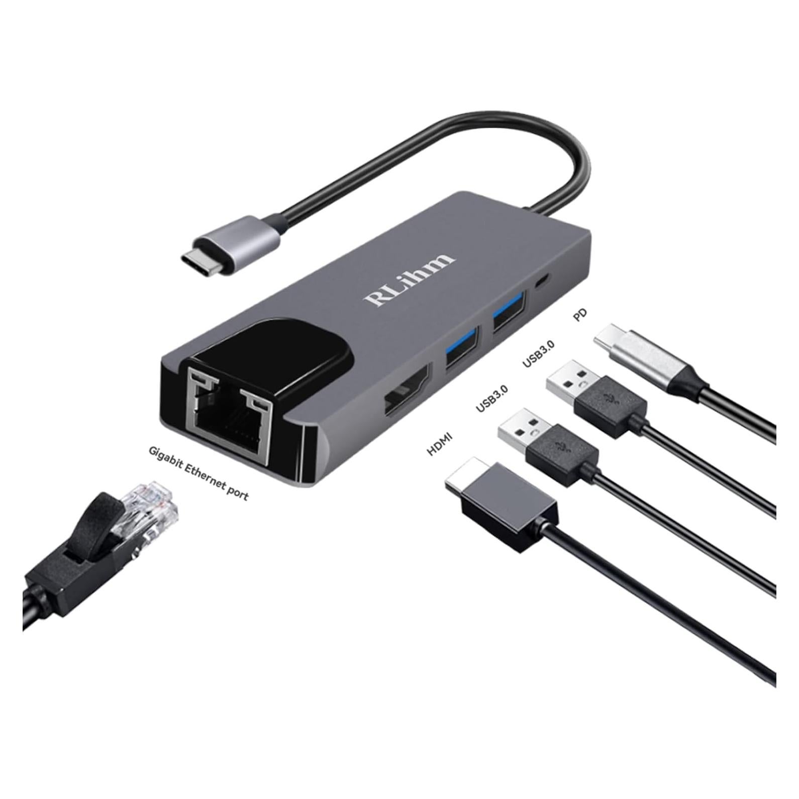 Hub USB-C 5-en-1 RLihm con HDMI 4K, Ethernet y Carga 100W