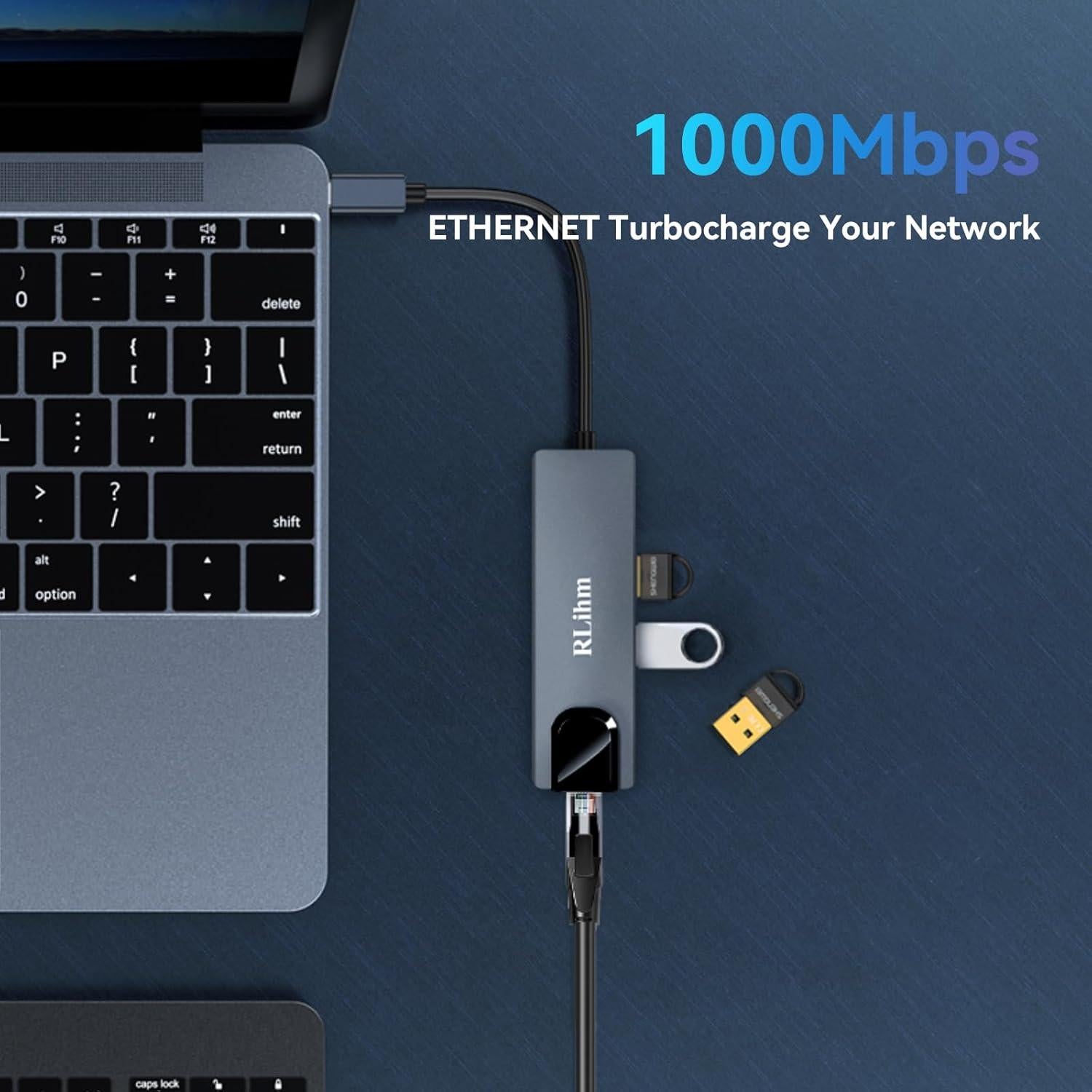 Hub USB-C 5-en-1 RLihm con HDMI 4K, Ethernet y Carga 100W