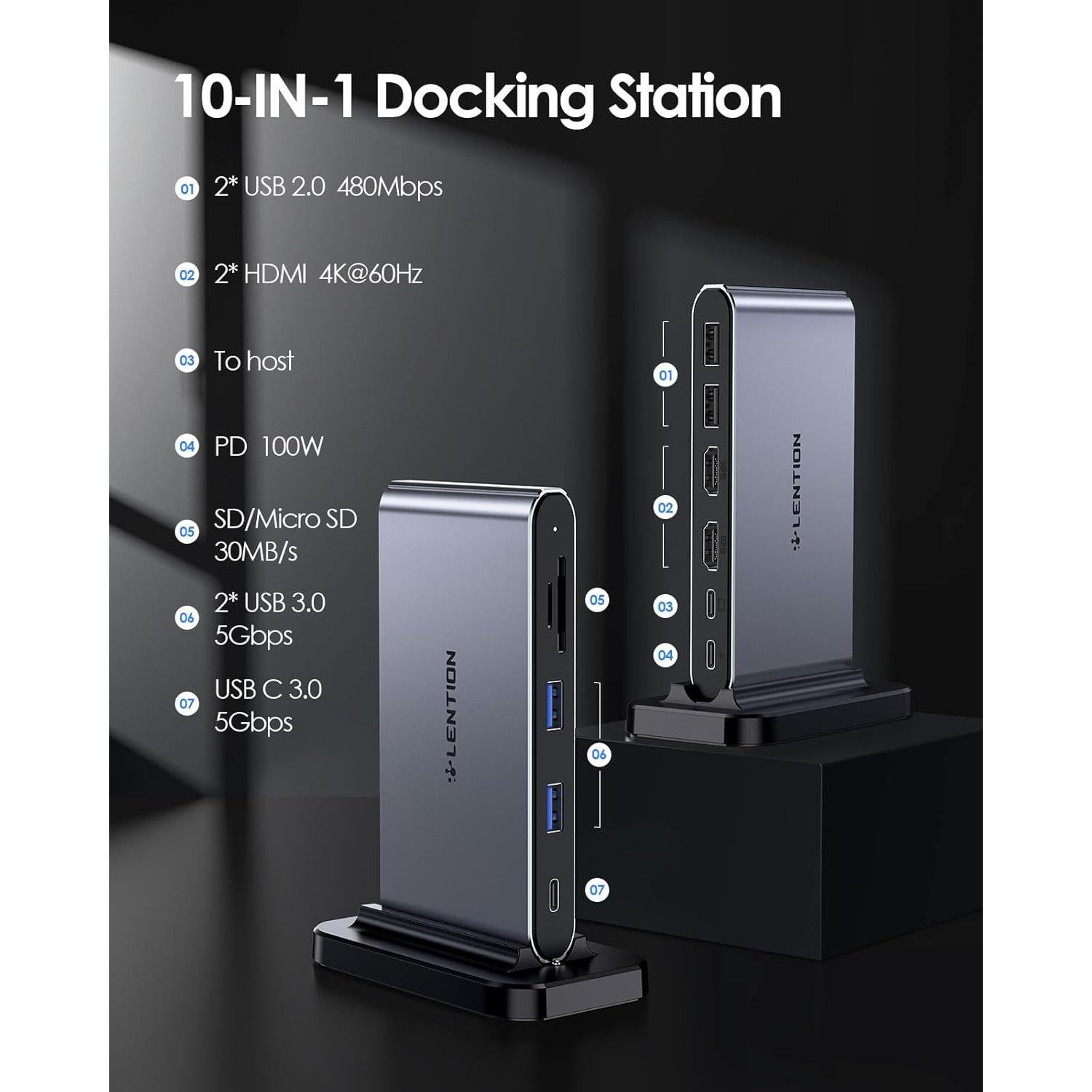 Lention Estación Acoplamiento USB C 10-en-1 4K HDMI 100W