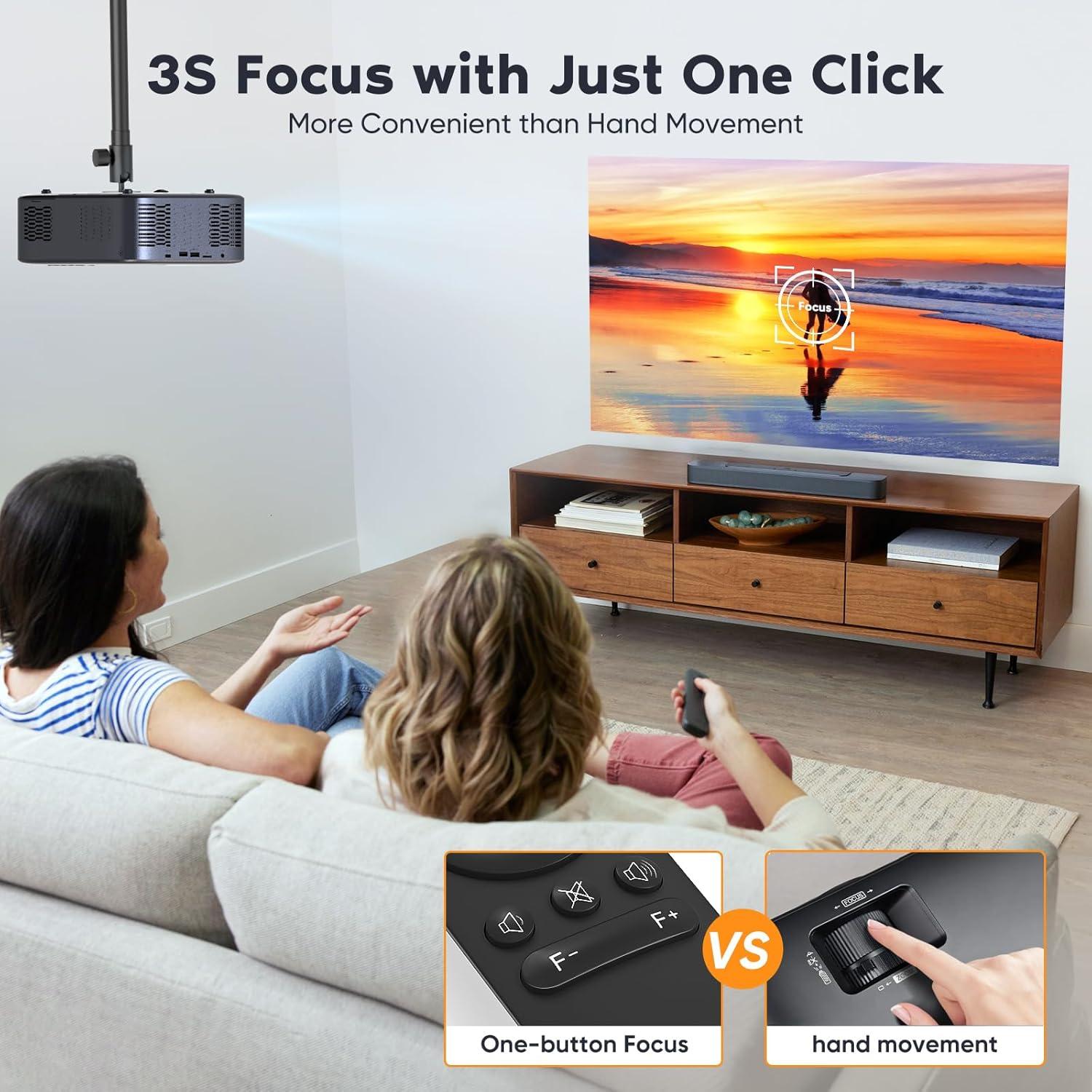【Electric Focus】Native 1080P Projector with WiFi and Bluetooth, 4K Support Projector with Zoom Function, Outdoor Movie Projector for Phone/Laptop/TV Stick/DVD/USB/HDMI