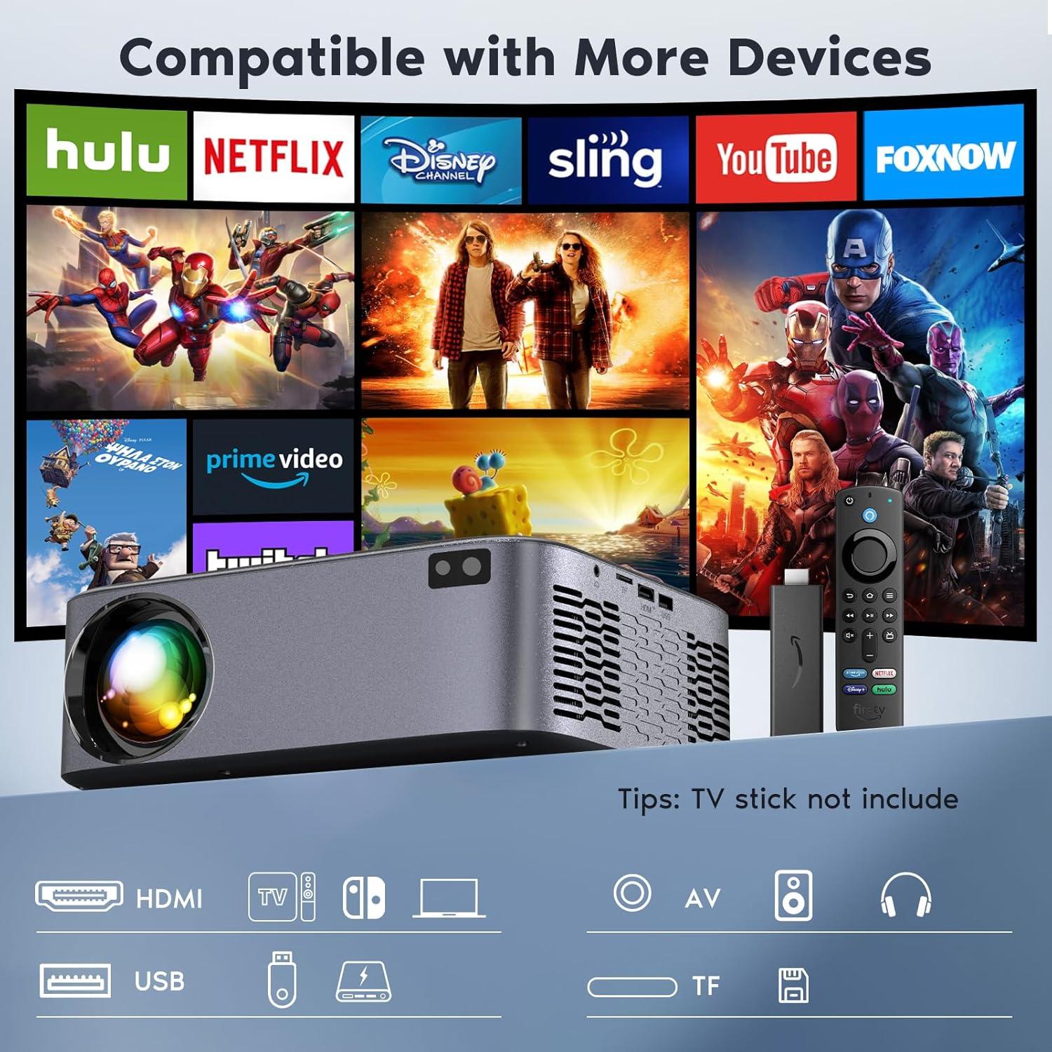 【Electric Focus】Native 1080P Projector with WiFi and Bluetooth, 4K Support Projector with Zoom Function, Outdoor Movie Projector for Phone/Laptop/TV Stick/DVD/USB/HDMI