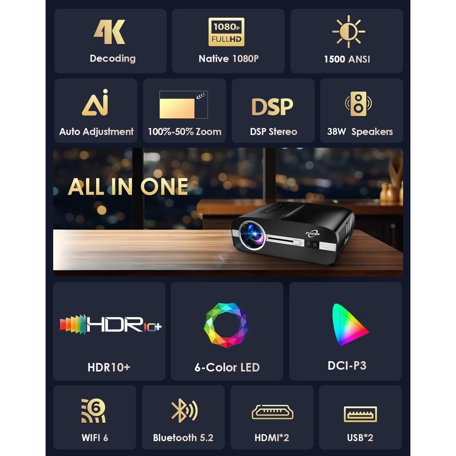 Proyector Inteligente 4K ZCGIOBN Auto Enfoque 1500 ANSI