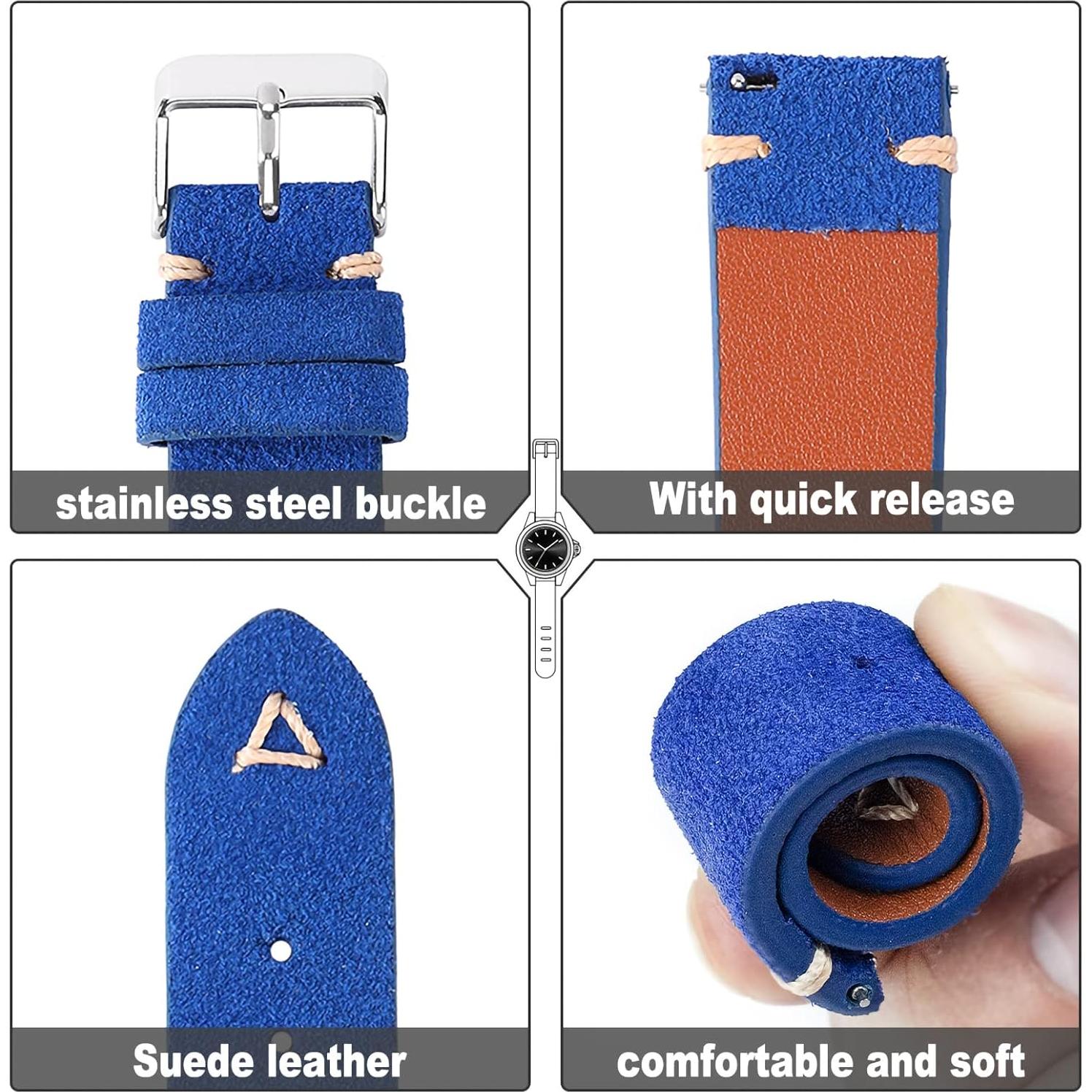 Correa de Reloj de Cuero Suede WOUKUP 22mm Azul Oscuro