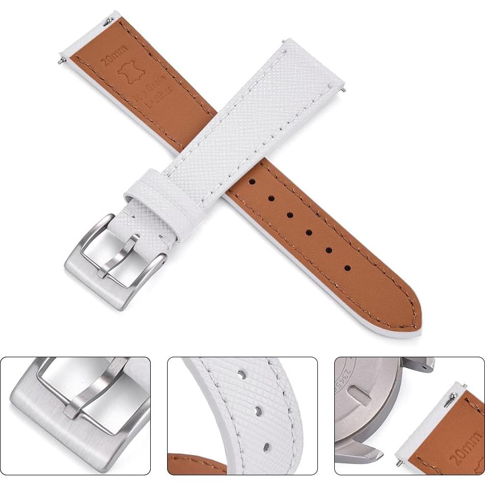 Correa de Reloj de Cuero JWNSPA 20mm Blanco Hebilla Plateada