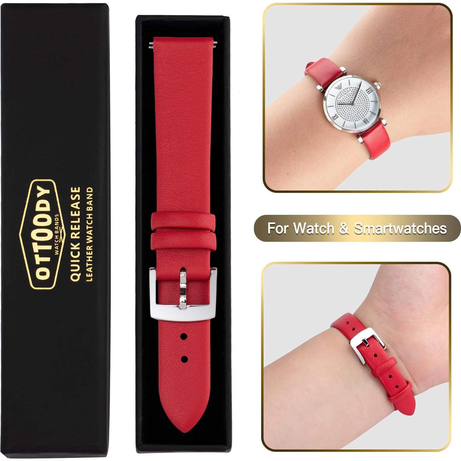 Correa de Reloj de Cuero OTTOODY 20mm Roja Hebilla Plata