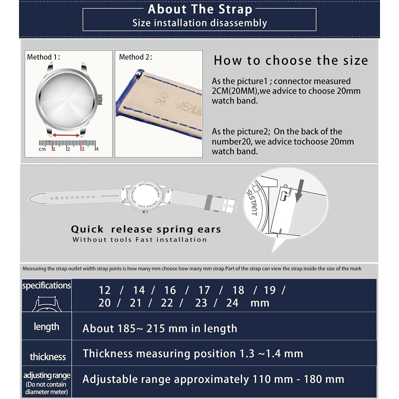 Correa de Reloj de Cuero BINLUN Patrón Cocodrilo 13 Tamaños