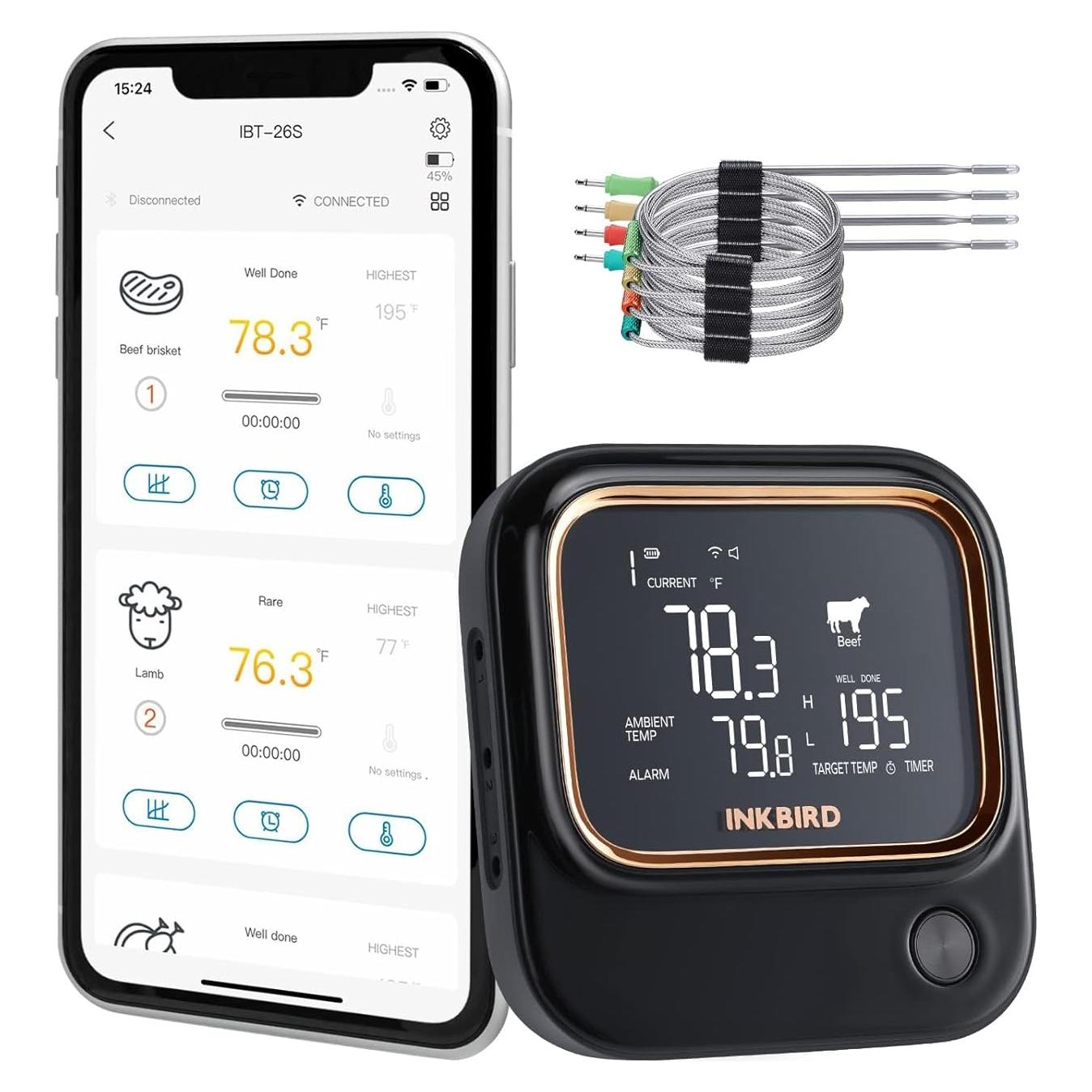 Termómetro Inkbird IBT-26S Bluetooth Wi-Fi BBQ 4 Probes