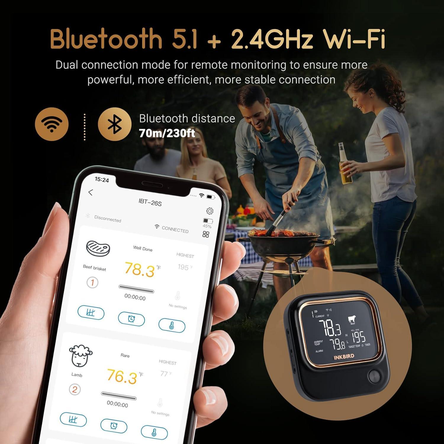 Termómetro Inkbird IBT-26S Bluetooth Wi-Fi BBQ 4 Probes