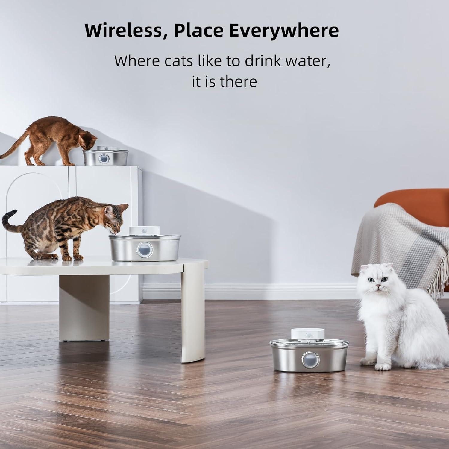 Fuente de Agua Inalámbrica uahpet 2L Acero Inoxidable para Gatos