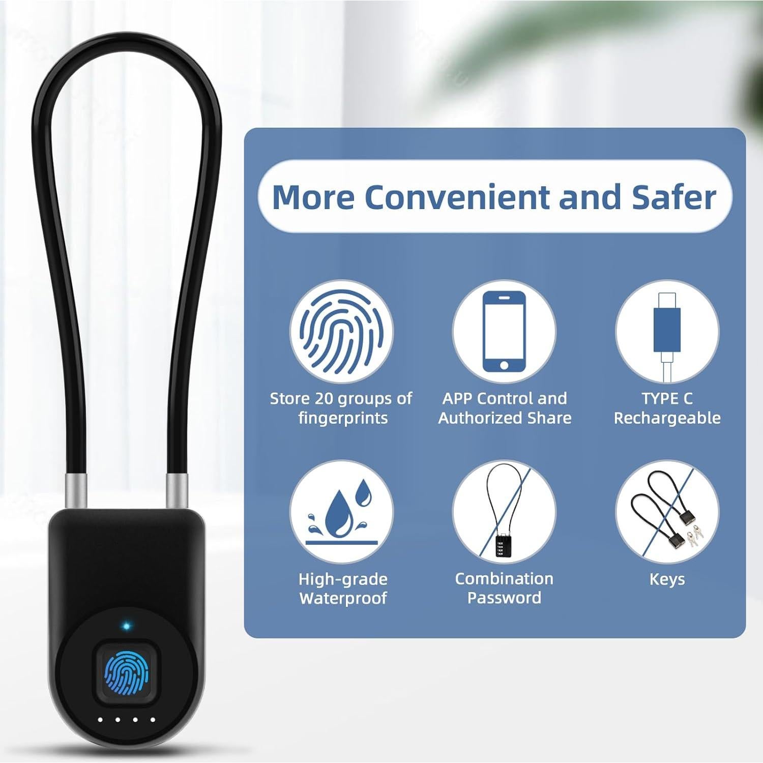 Candado de Cable Biométrico Eseesmart 15.24 cm Negro