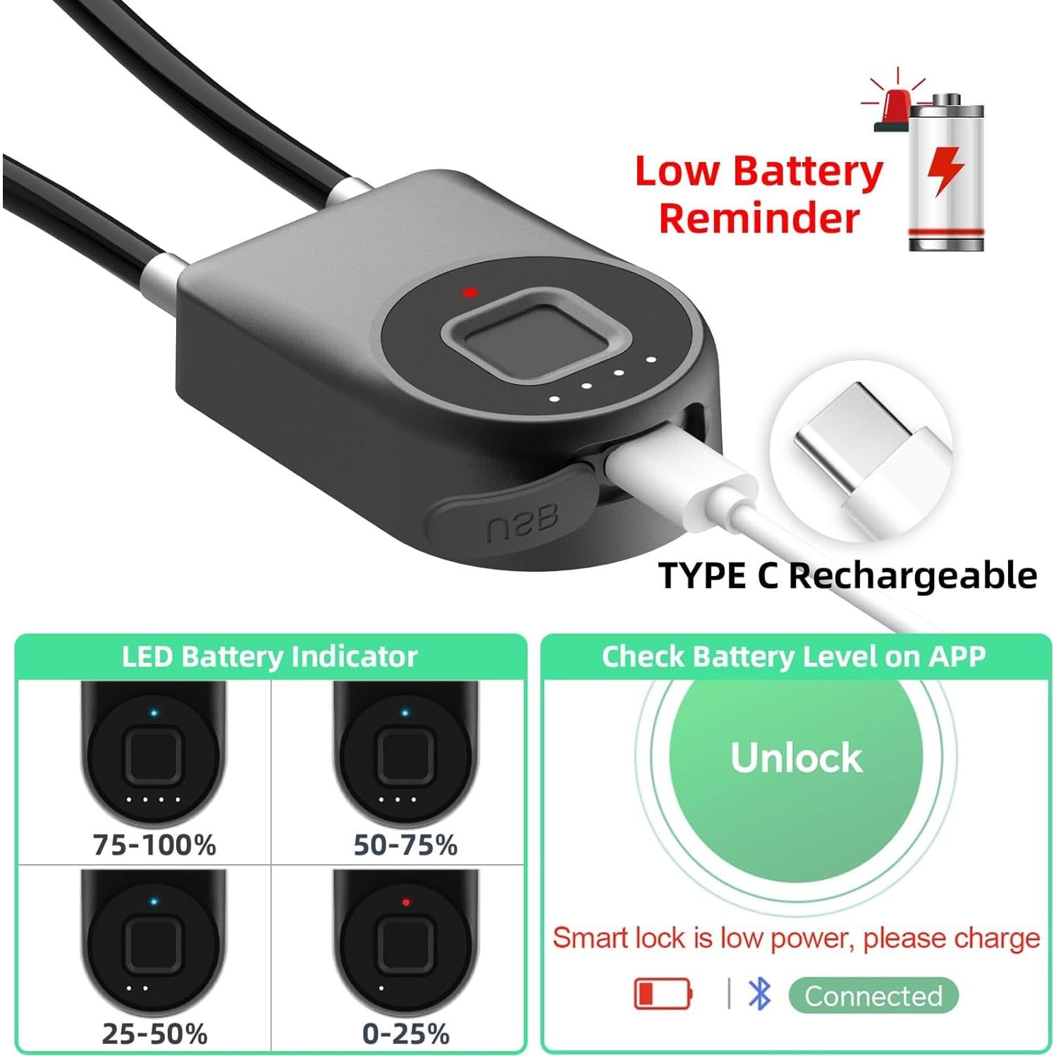 Candado de Cable Biométrico Eseesmart 15.24 cm Negro