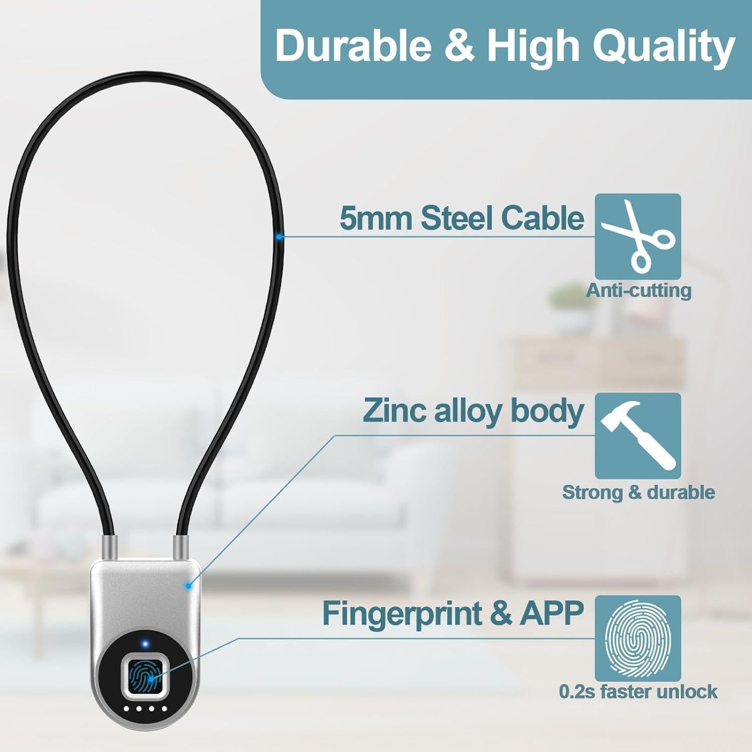 Candado Biometrico Dhiedas con Cable de 15,24 cm Plata