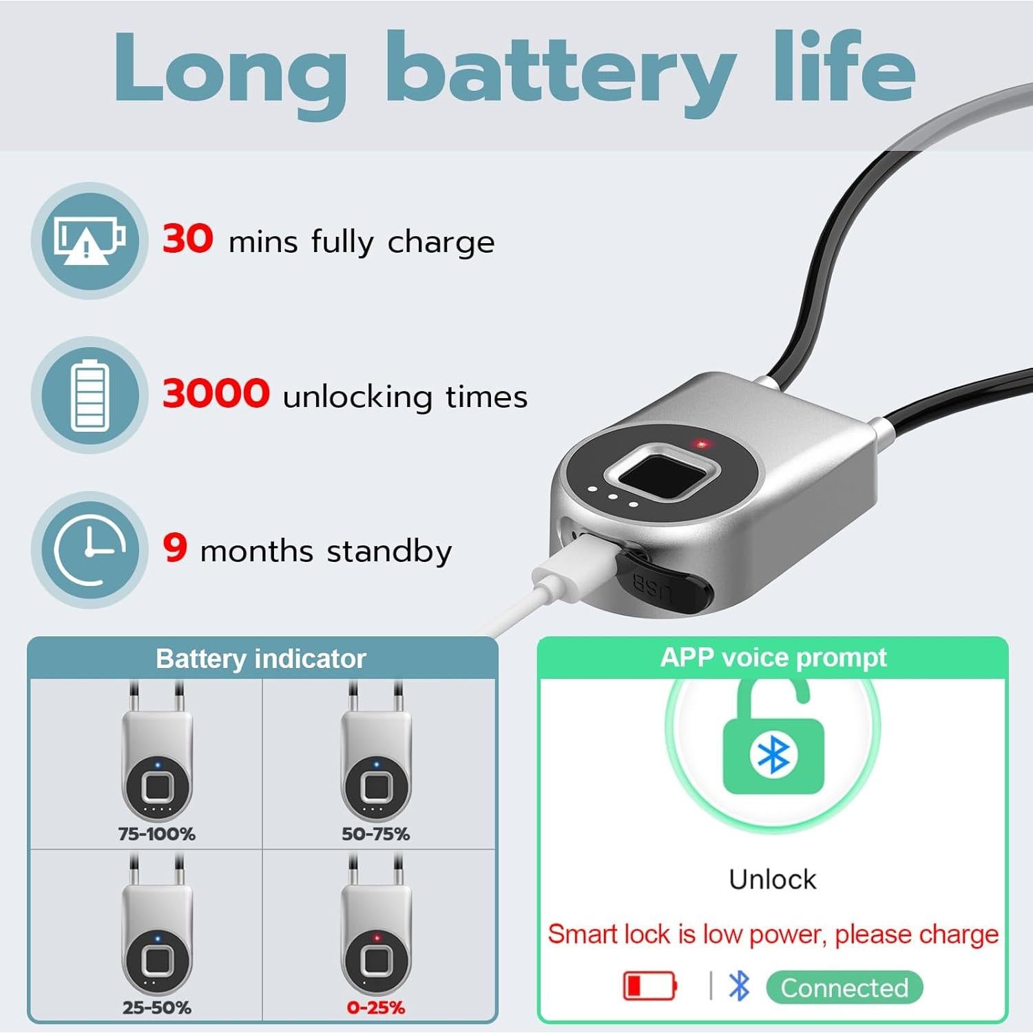 Candado Biometrico Dhiedas con Cable de 15,24 cm Plata