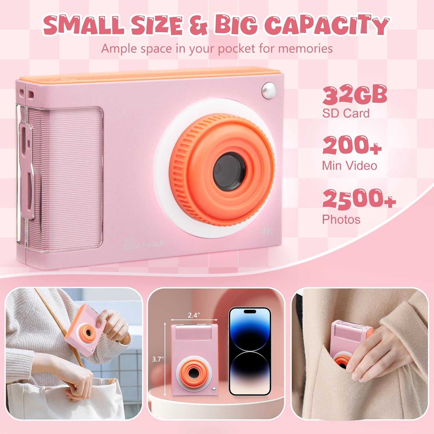 Cámara Digital MQOUNY Rosa 44MP 1080P para Niños con 32GB