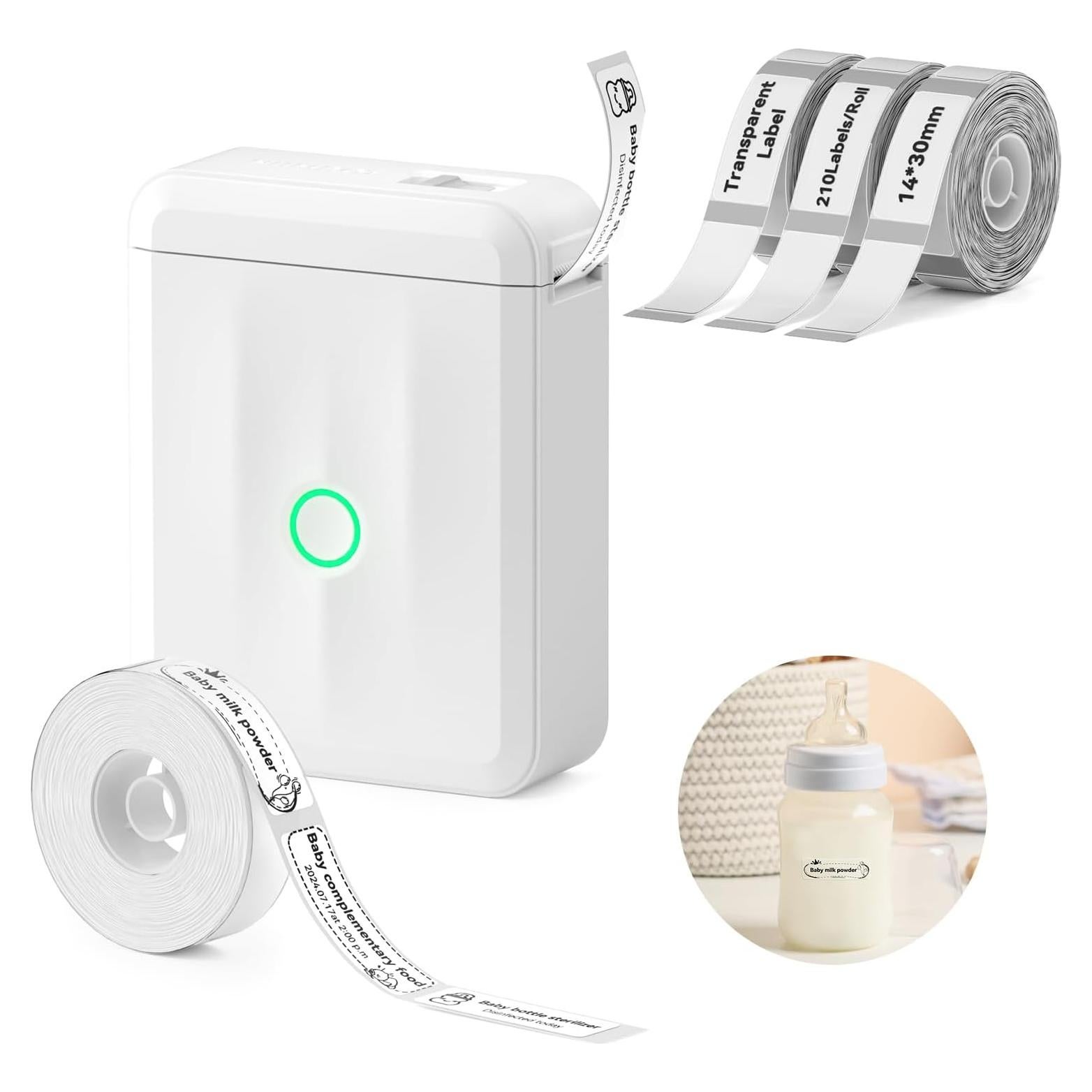 Bundle Clear Label Maker with 4 Roll Label Tapes, D110 Mini Portable Bluetooth Thermal Printer, Sticker Maker with Multiple Templates for Nursery School Baby Bottle Clothes Toy Books Storage